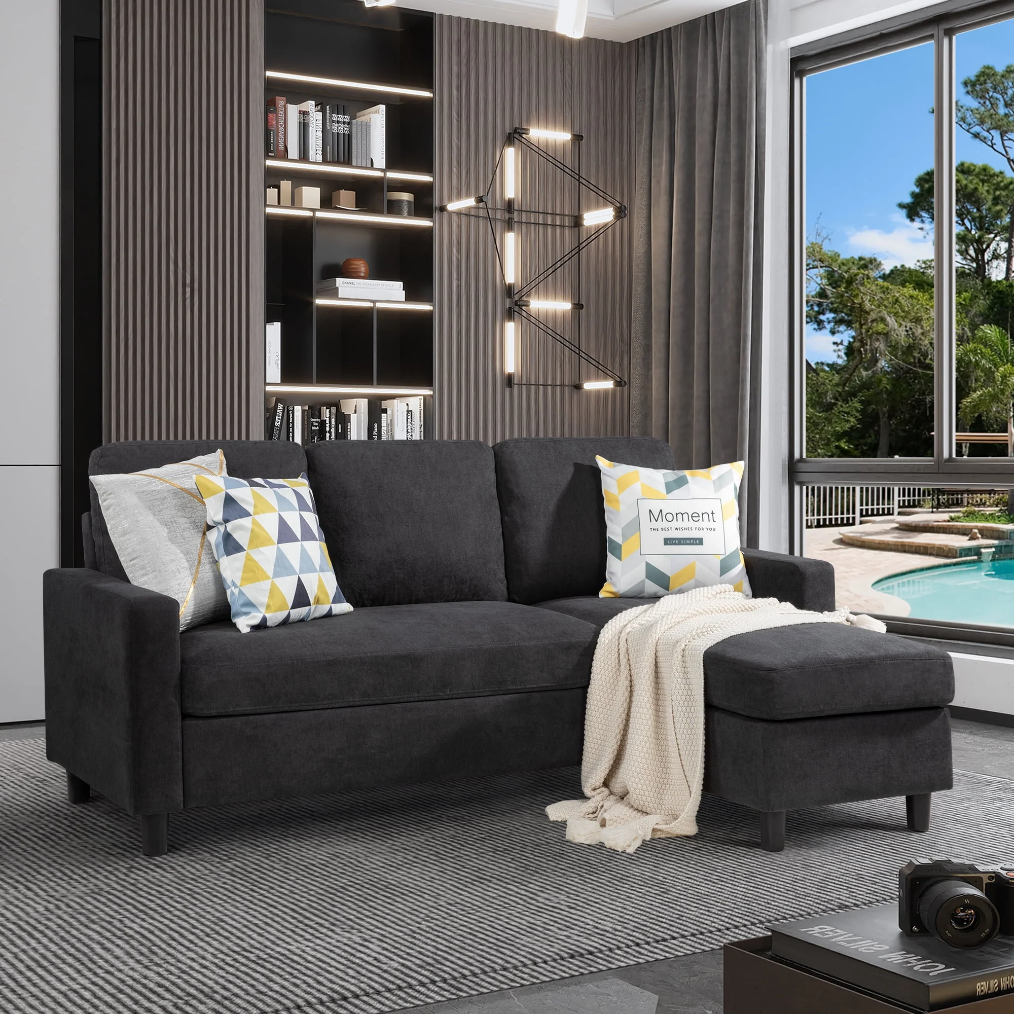 Walsunny Convertible Sectional L-Shaped Sofa with Modern Linen Fabric(Grayish Black) - Womvr