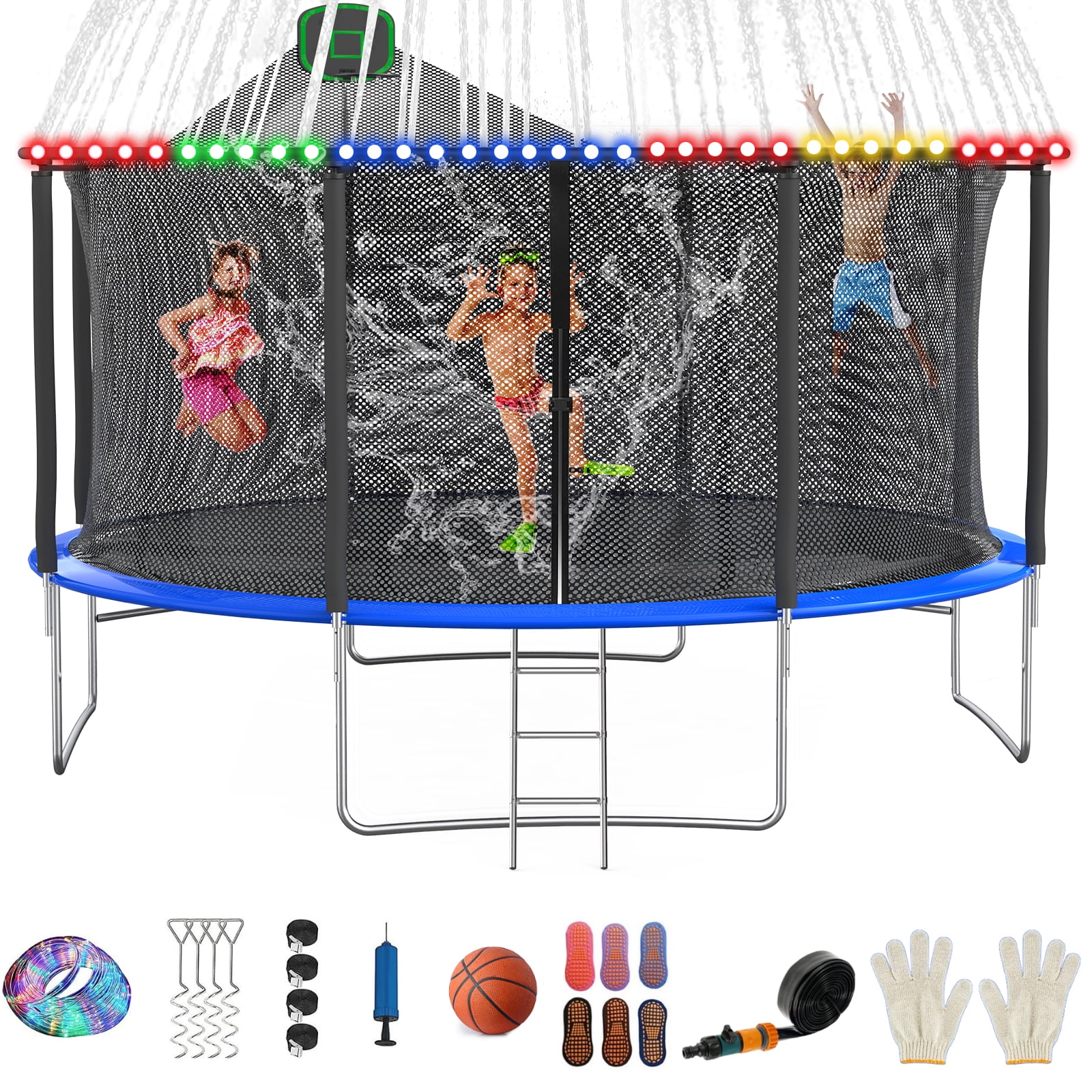 16FT Trampoline for 8-9 Kids Adults with Basketball Hoop, Ladder, Light, Sprinkler, Socks,Outdoor Heavy Duty Recreational Trampoline - Womvr