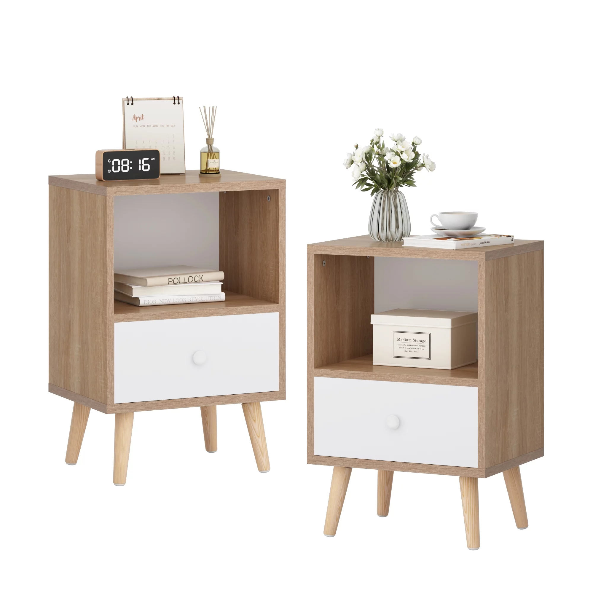 JAXPETY Nightstands Set of 2, Night Stand with 1 Drawer and Open Shelf Storage, End Table, Side Table, for Bedroom, Living Room, Natural Wood & White - Womvr