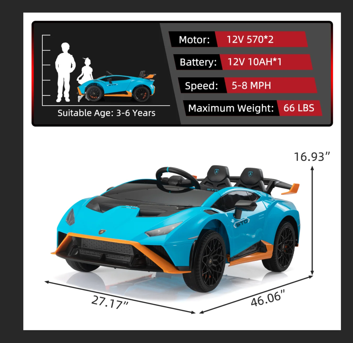 TOBBI 24V Lamborghini STO Licensed Kids Ride on Drift Car Gray Electric Car W/Remote Control LED Lights, up to 10 mph - Womvr