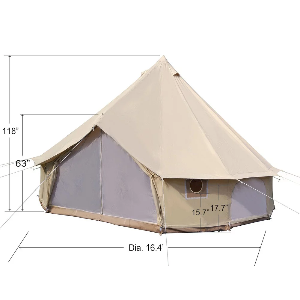 Latourreg Outdoor Glamping Waterproof Cotton Canvas 16.4ft(5M) Bell Tent with Side-Wall Stove Jack Glamping Yurt Tent with Mesh Screen Door and Windows - Womvr