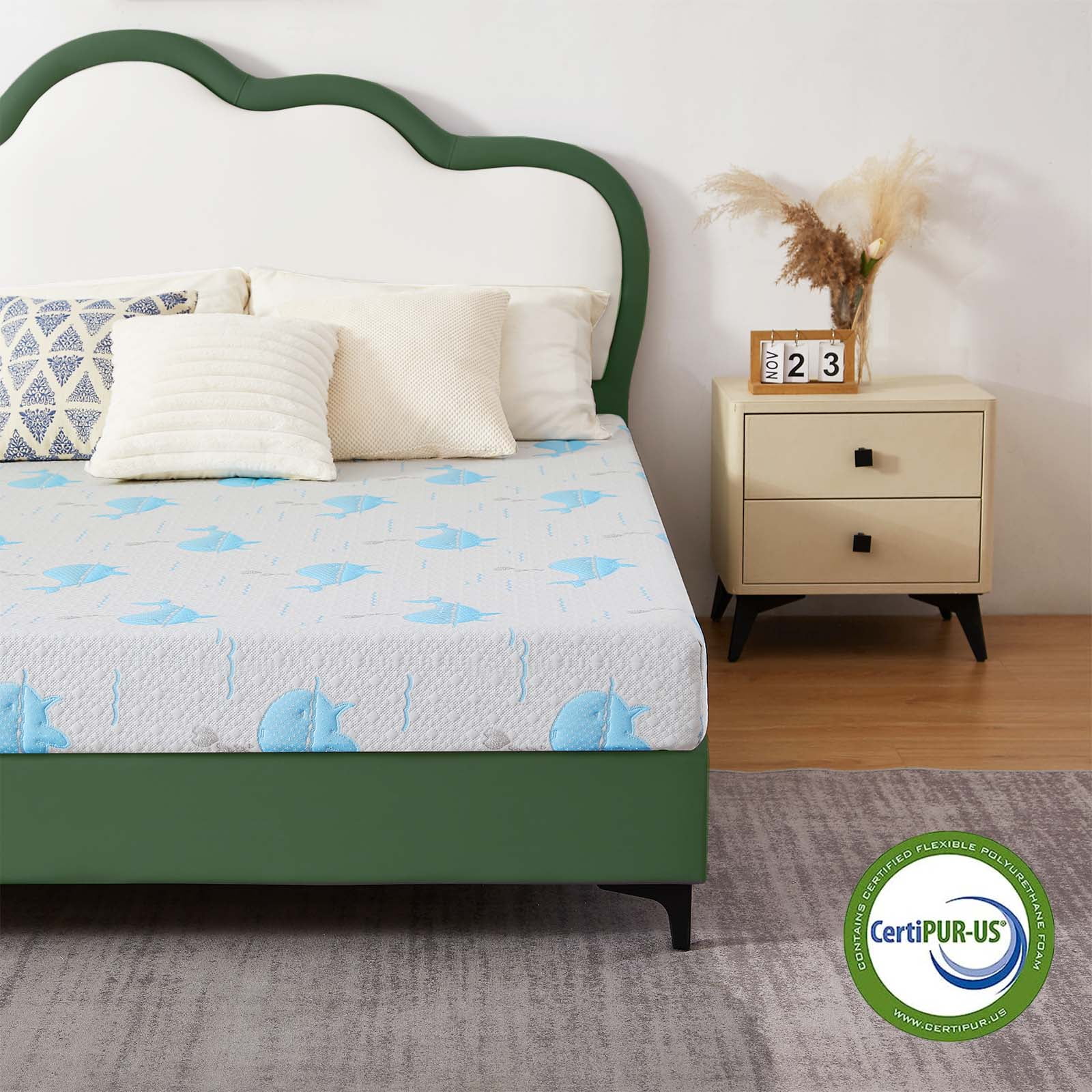 OUUI 5 Inch Twin Mattress for Kids, Cooling Memory Foam Medium Feel, Bed-in-a-Box, CertiPUR-US Certified, Twin, White/Blue - Womvr