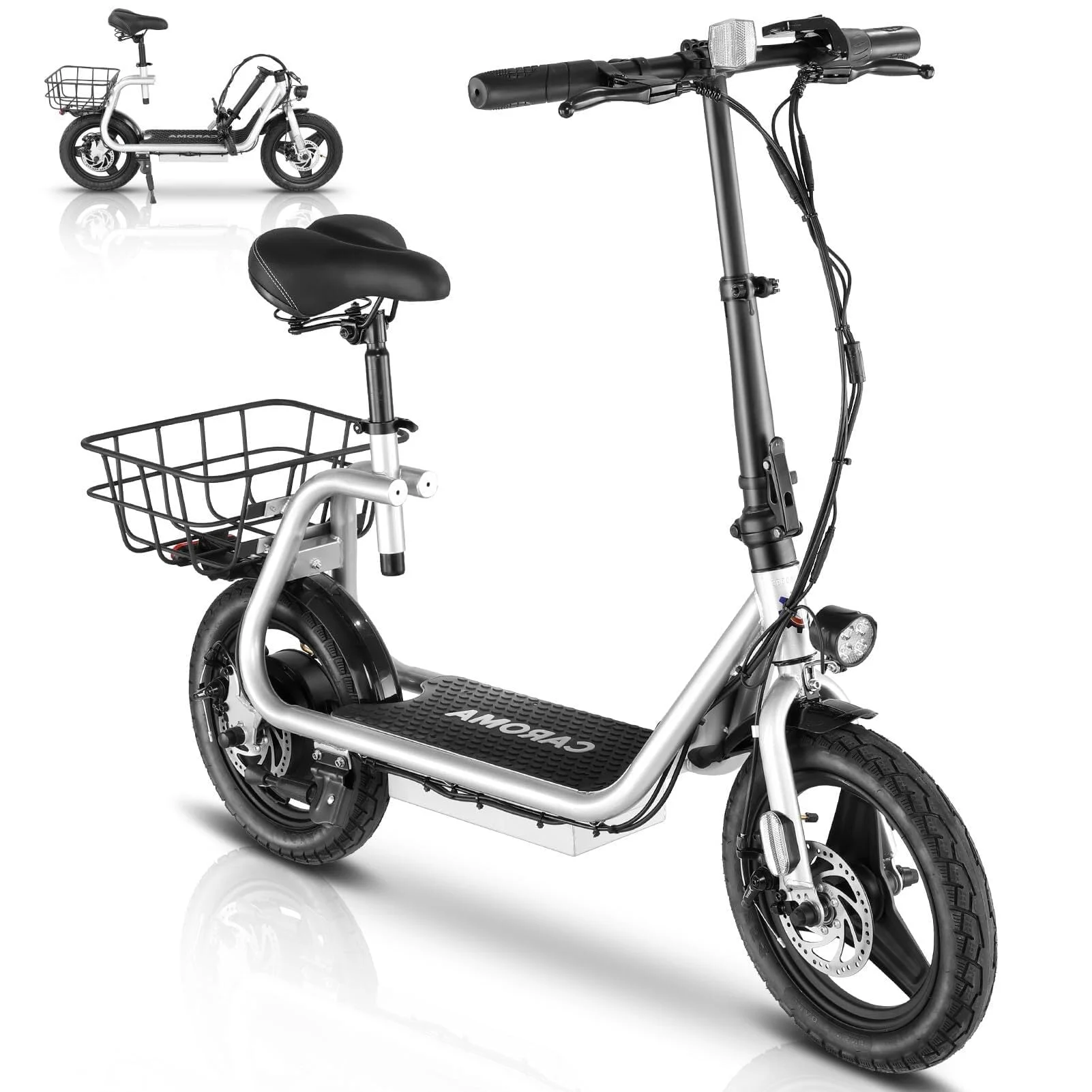Caroma 500W Electric Scooter with Seat for Adult, 14 inch Commuter Electric Scooter with Dual Shock Absorbers and Basket - Up to 25 Miles 20 MPH, Silver - Womvr
