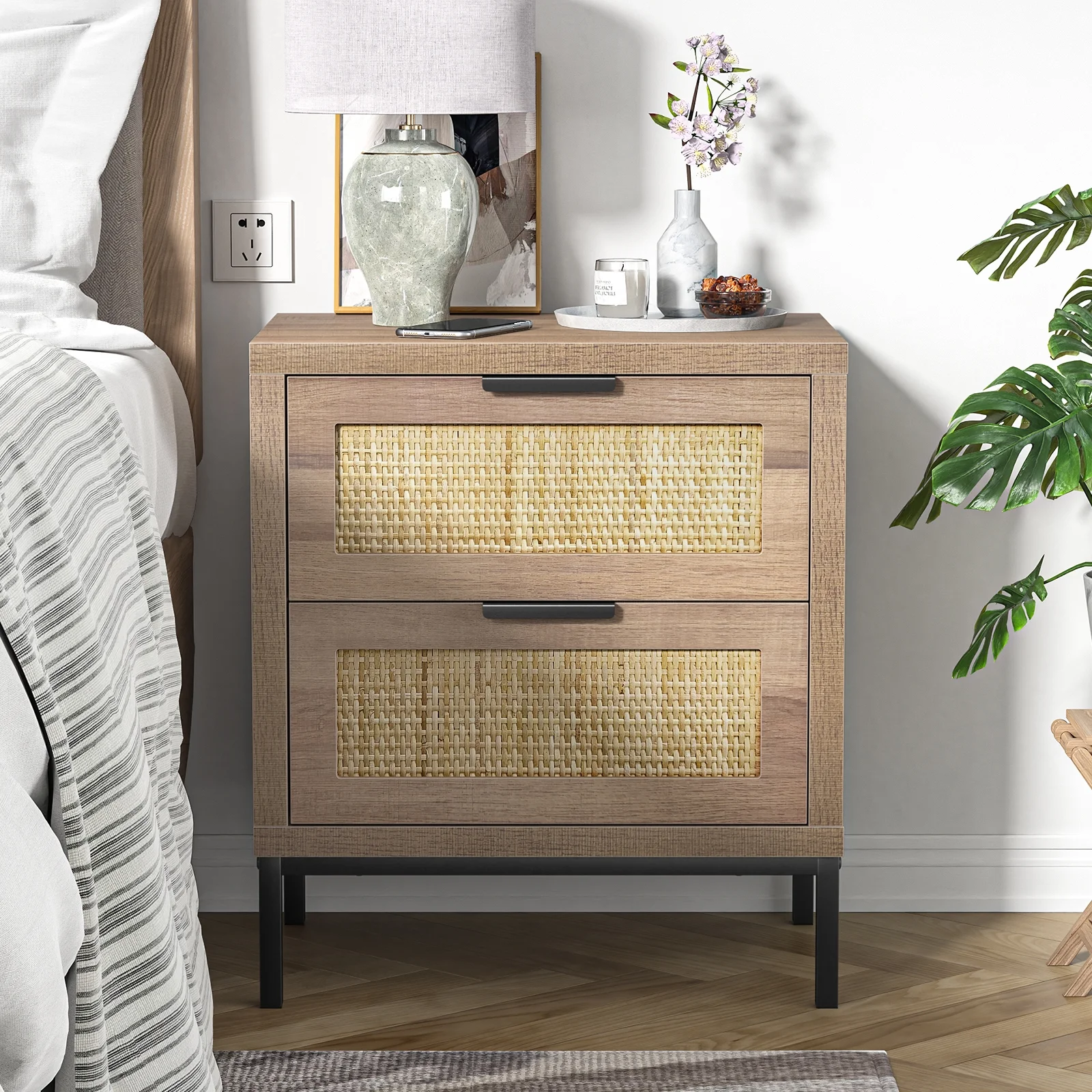 Eumyviv Modern Farmhouse Nightstands with 2 Rattan Drawer,Wood Bedside Table Storage Cabinet for Bedroom, Living Room,Natural Oak H0021 - Womvr