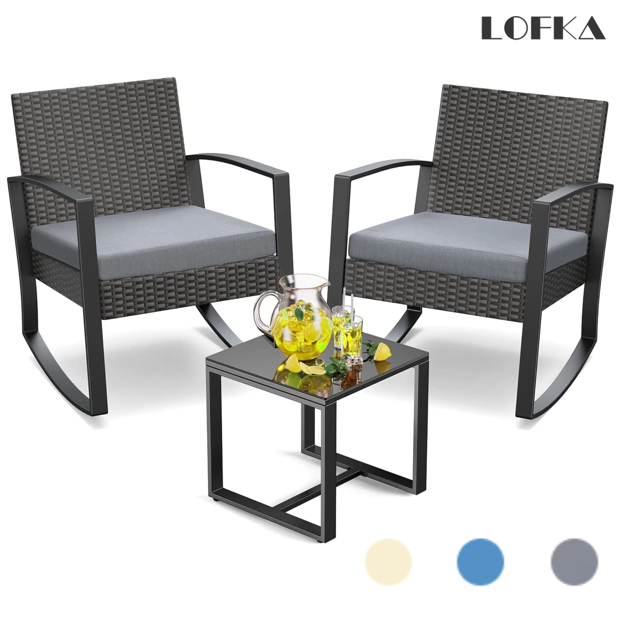 Lofka 3-Piece Patio Wicker Chairs Set with Glass Coffee Table, Outdoor Balcony Furniture Set with Blue Cushion - Womvr