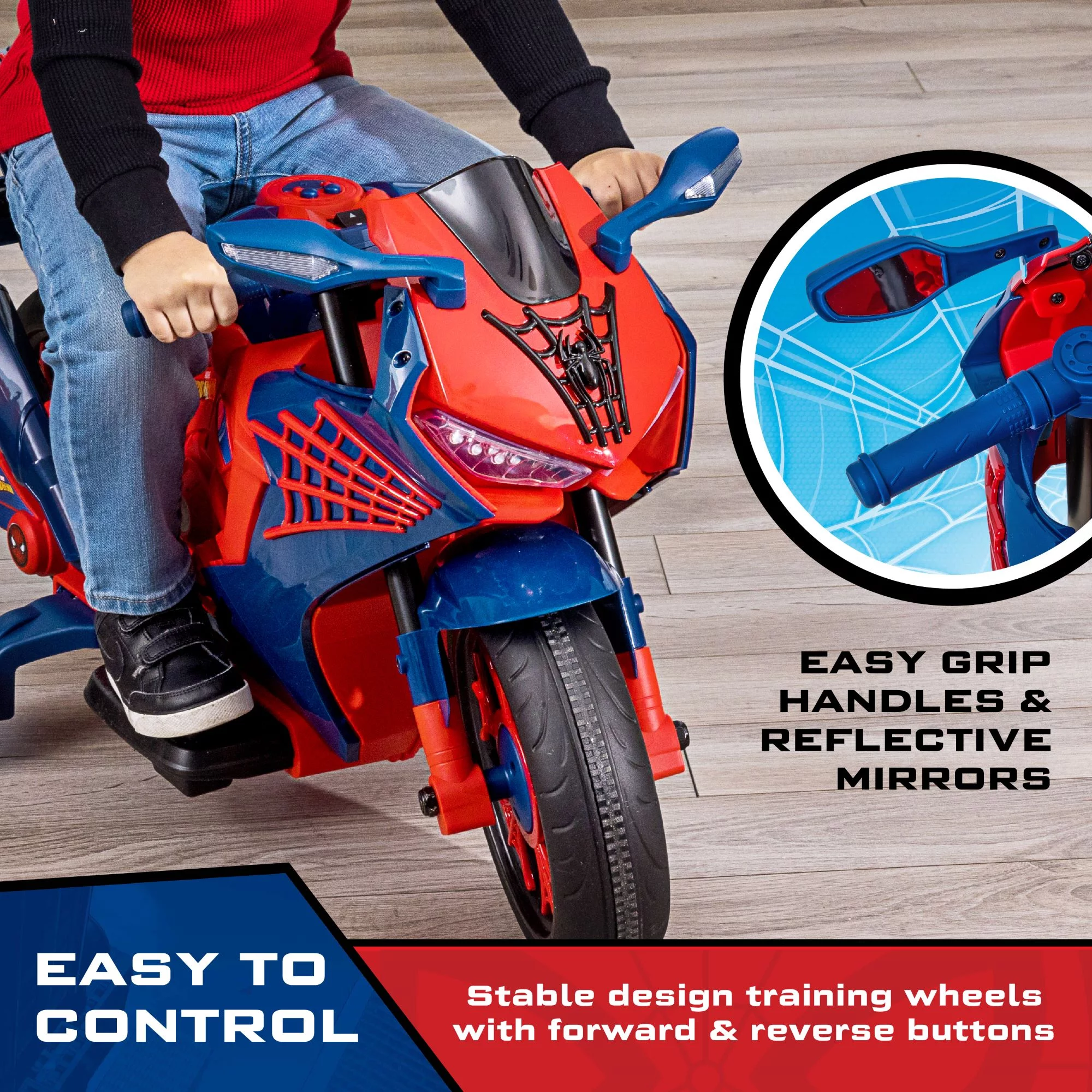 Spiderman 6V Motorcycle Ride On, for Kids, Ages 3+, Rechargeable Battery, up to 65lbs - Womvr