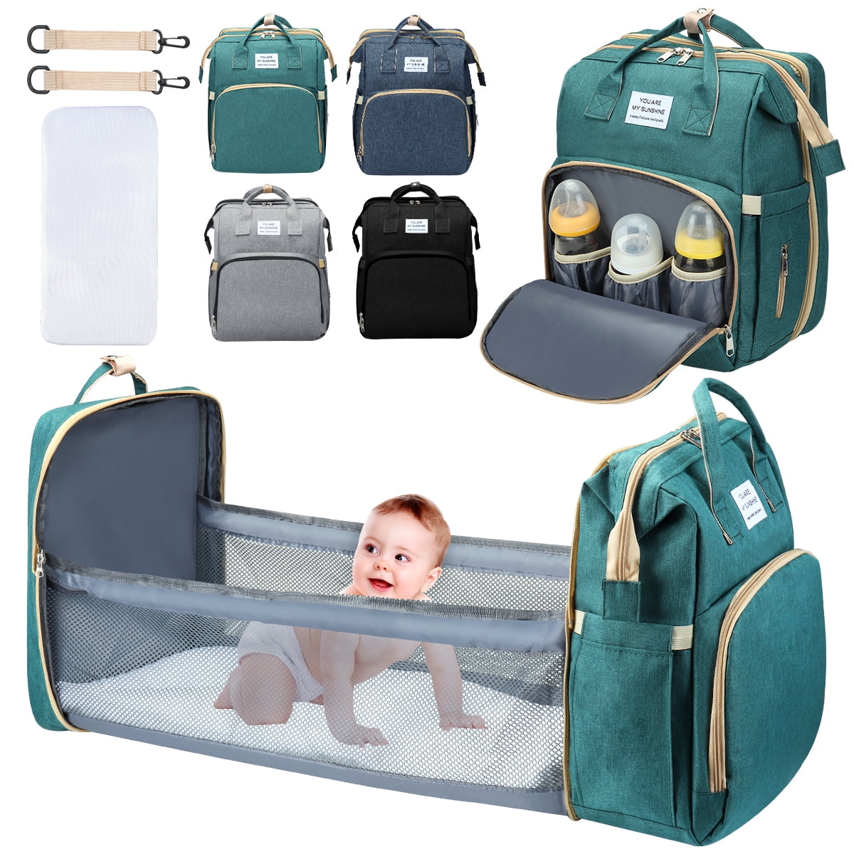 Diaper Bag Backpack,Multifunction 3 in 1 Waterproof Travel Back Pack,Baby Changing Bags with Changing Pad, Stroller Straps, Unisex, Green - Womvr