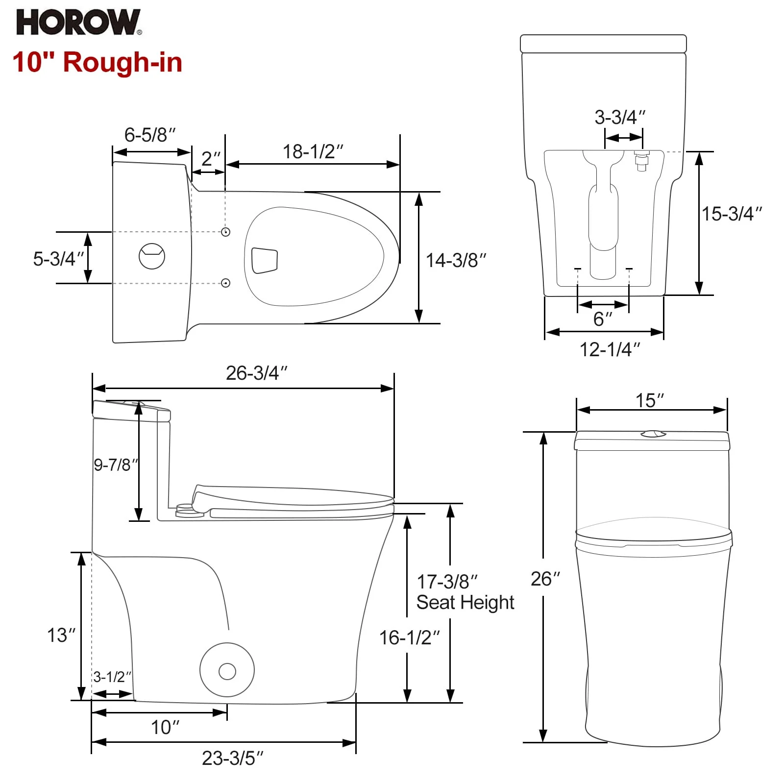 HOROW T0338W Elongated One Piece Toilet with Comfort Chair Seat ADA Height 17.3