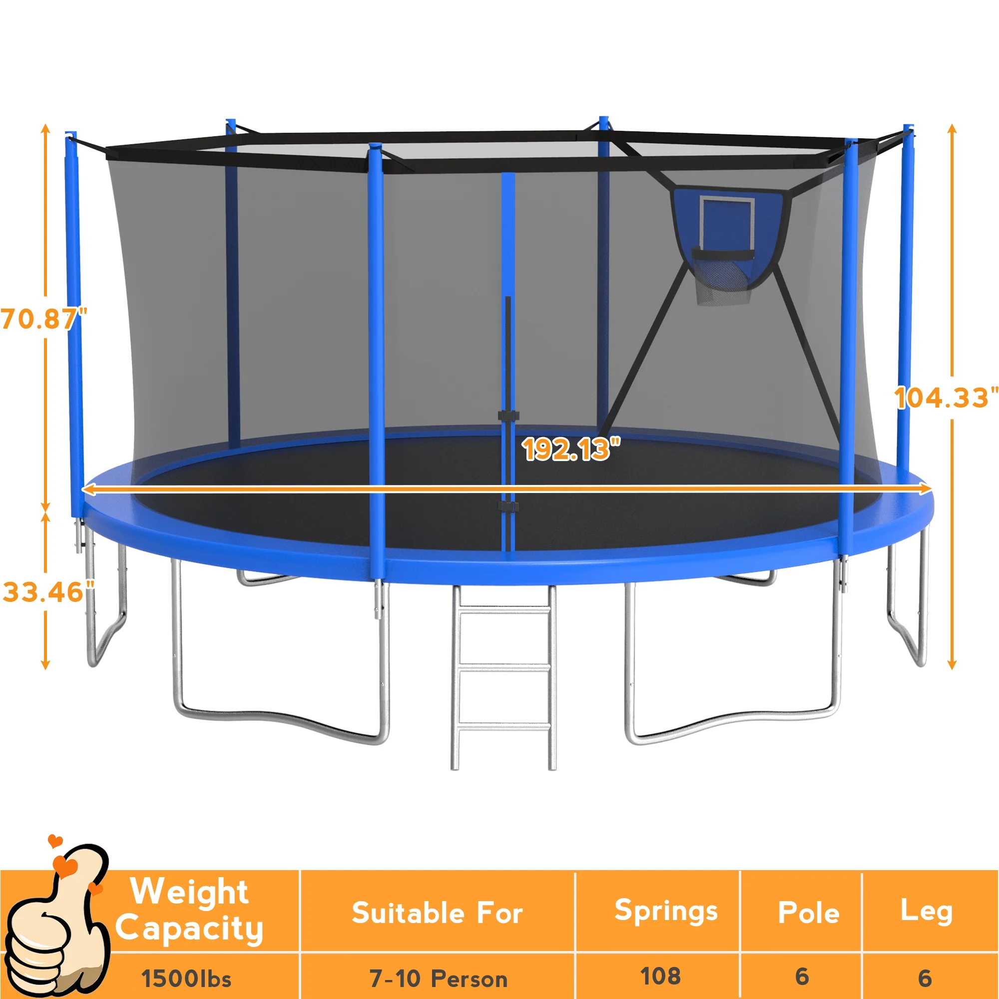 KOFUN Trampoline with Adjustable Basketball Hoop & Light, 1500lbs 10FT 12FT 14FT 16FT Trampoline for Adults and Kids, No Gap Design Backyard Trampoline with Enclosure Net, Ladder, Green - Womvr
