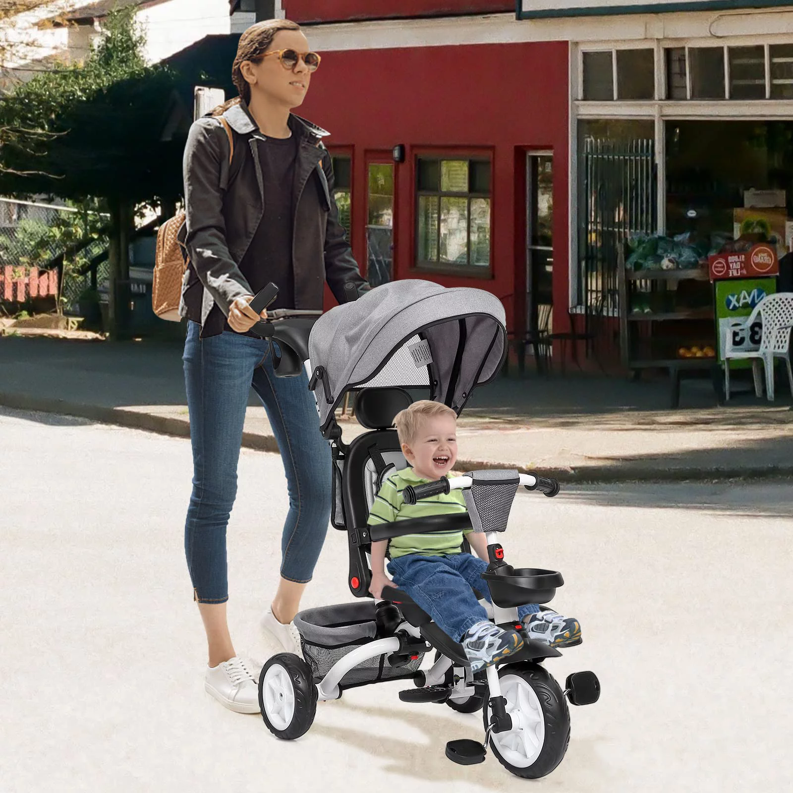 Baby Tricycle 7 in 1,Folding Toddler Trike W/Adjustable Removable Push Handle,Safety Harness,Brake ,Rotatable Seat, Adjustable Canopy, Storage, Cup Holder,Tricycle for 1-5 Year Old Toddlers (Gray) - Womvr