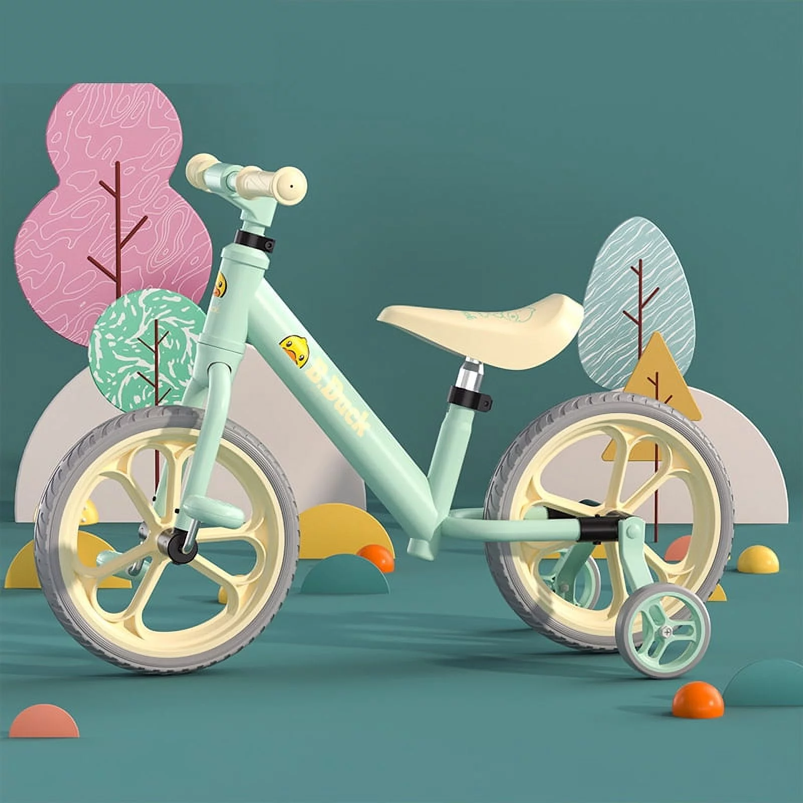 Luddy B.Duck Co-branded Edition Kids 2-in-1 Kids Balance Bike with Pedals and Training Wheels Options for Tricycle, Gift for Toddlers Green - Womvr