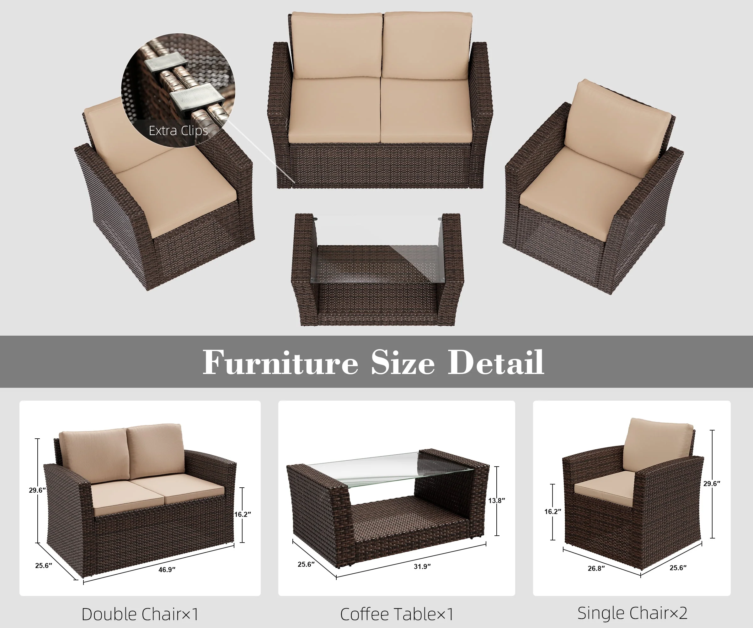 Bifanuo 4-Piece Patio Furniture Set Outdoor Rattan Wicker Sofa Set with Cushions & Coffee Table, Conversation Sofa Set with Tempered Glass Table Top - Womvr