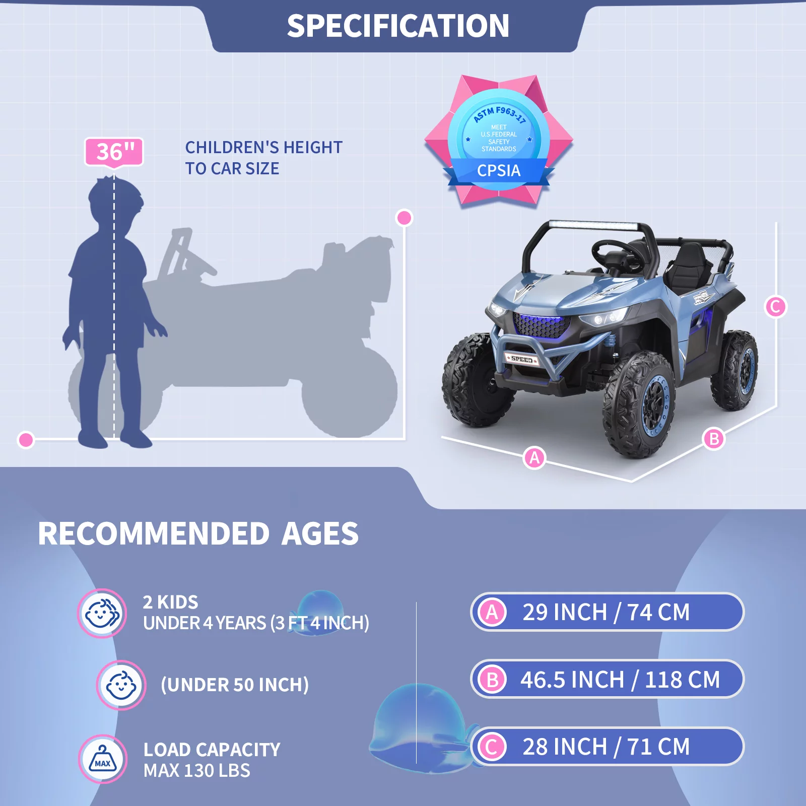 Joywhale 24V 2 Seater Kids Ride on UTV Car Powerful Electric Vehicle, with Big Battery, 4x75W Strong Motor, Remote Control, Suspension, Deep Sea Blue - Womvr