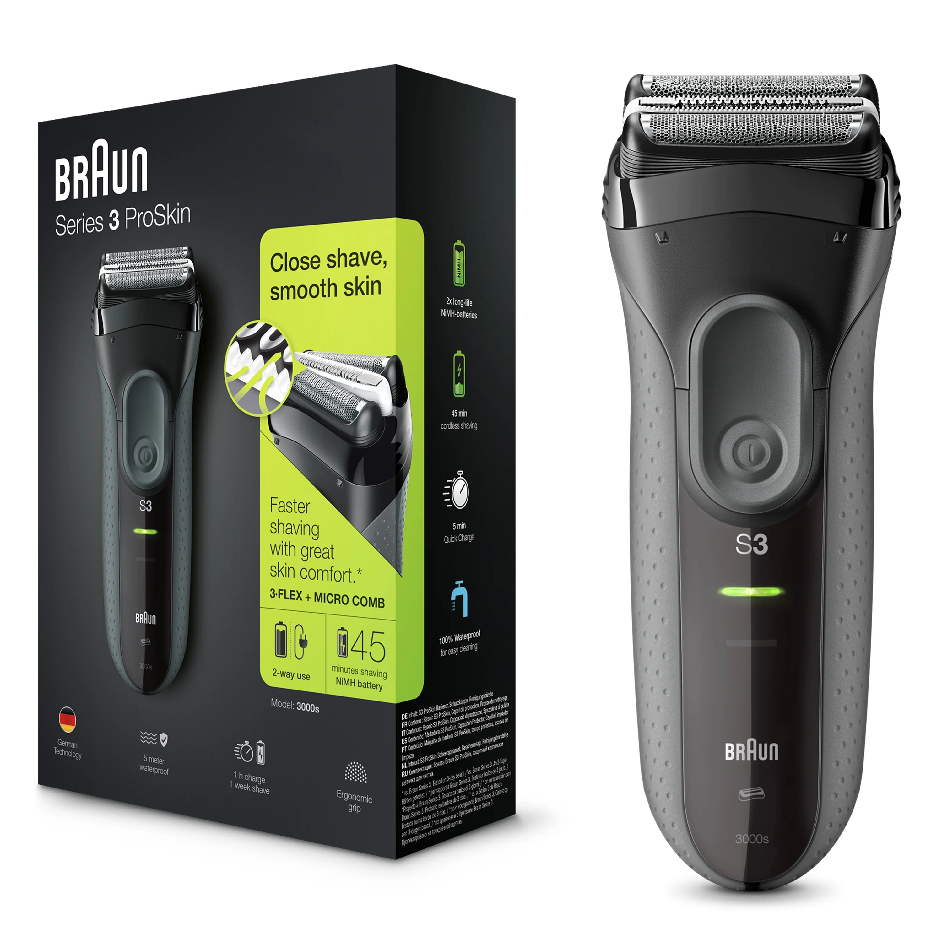 Braun Series 3 ProSkin 3000s Electric Shaver for Men/Rechargeable Electric Razor, Black - Womvr