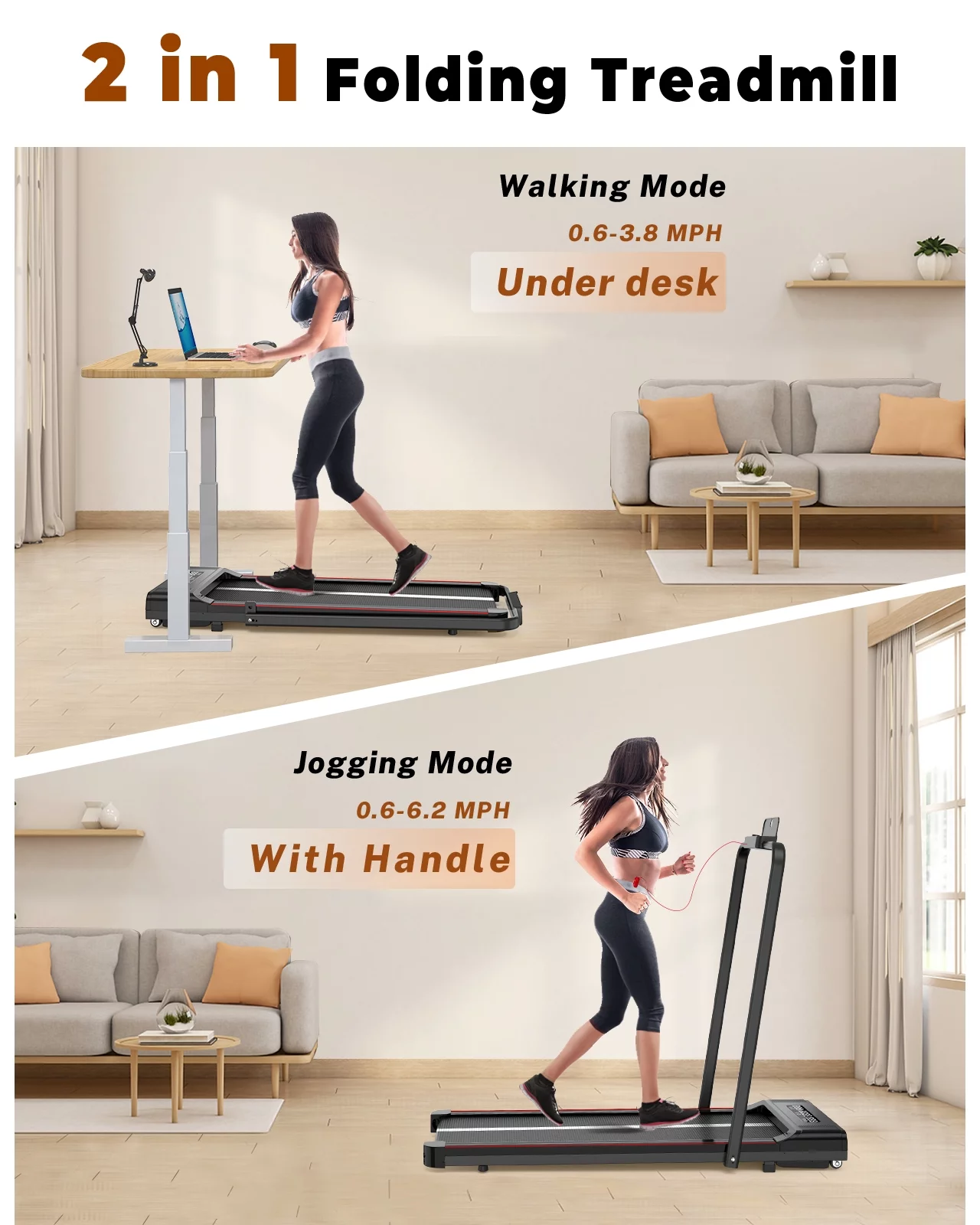 Home Fitness Code Foldable Treadmill with Bluetooth Speaker, 3HP Under Desk Treadmills for Home - Womvr
