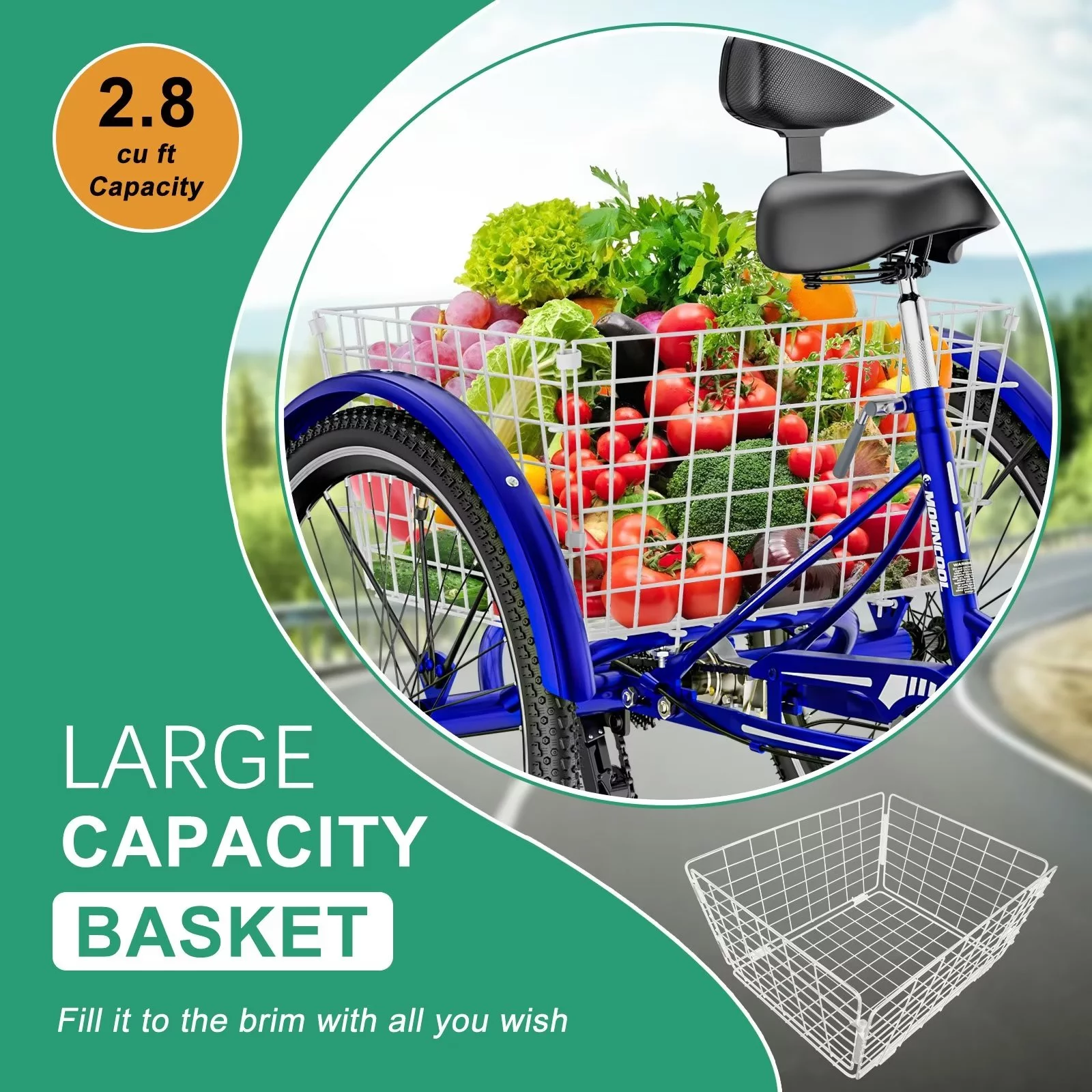 MOPHOTO Adult Tricycle for Seniors (Cyan, 26inch /7-Speed), Low Frame Three Wheel Bikes with Large Basket & Bell, 3 Wheel Cargo Bicycle, Safe and Durable Trike - Womvr