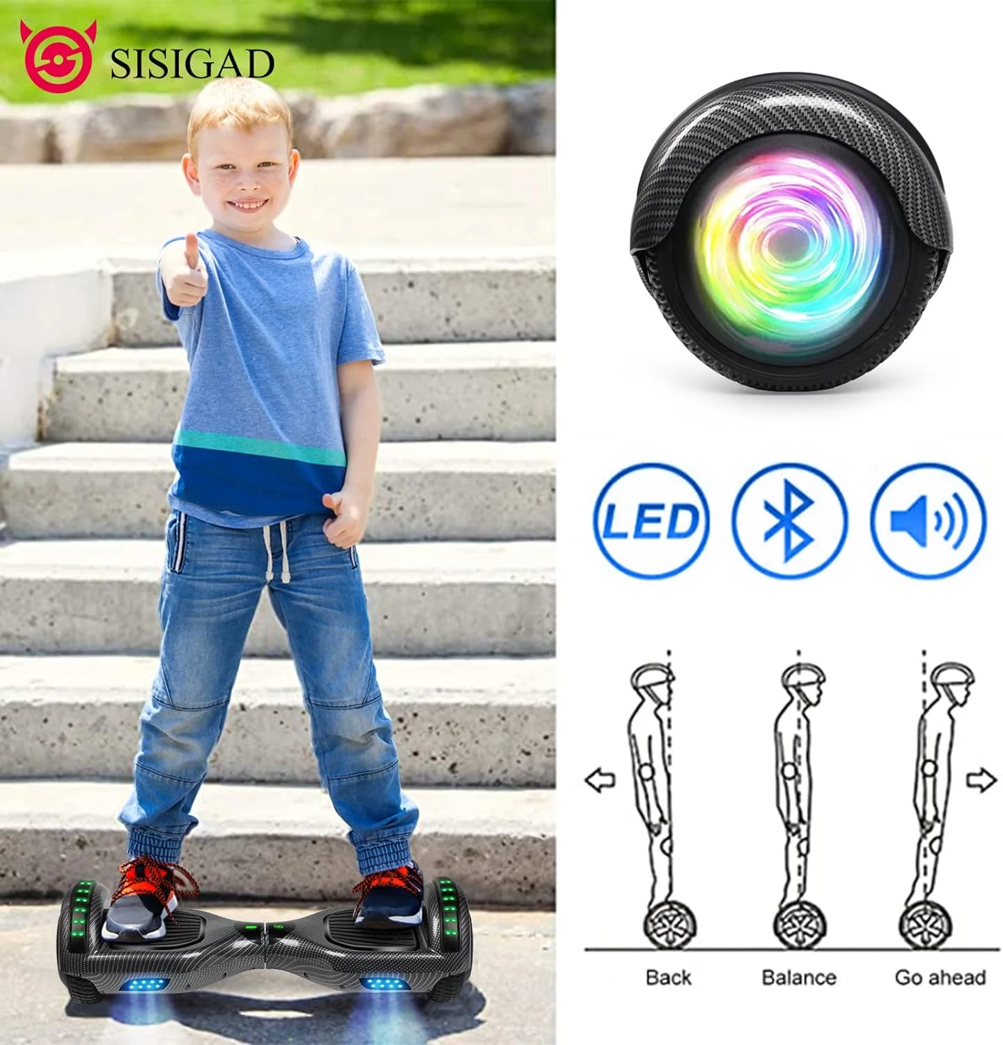 SISIGAD Hoverboard with Seat, 6.5 inch Hoverboard Go Kart Combo with Bluetooth Speaker & LED Lights for Kids Adults - Womvr