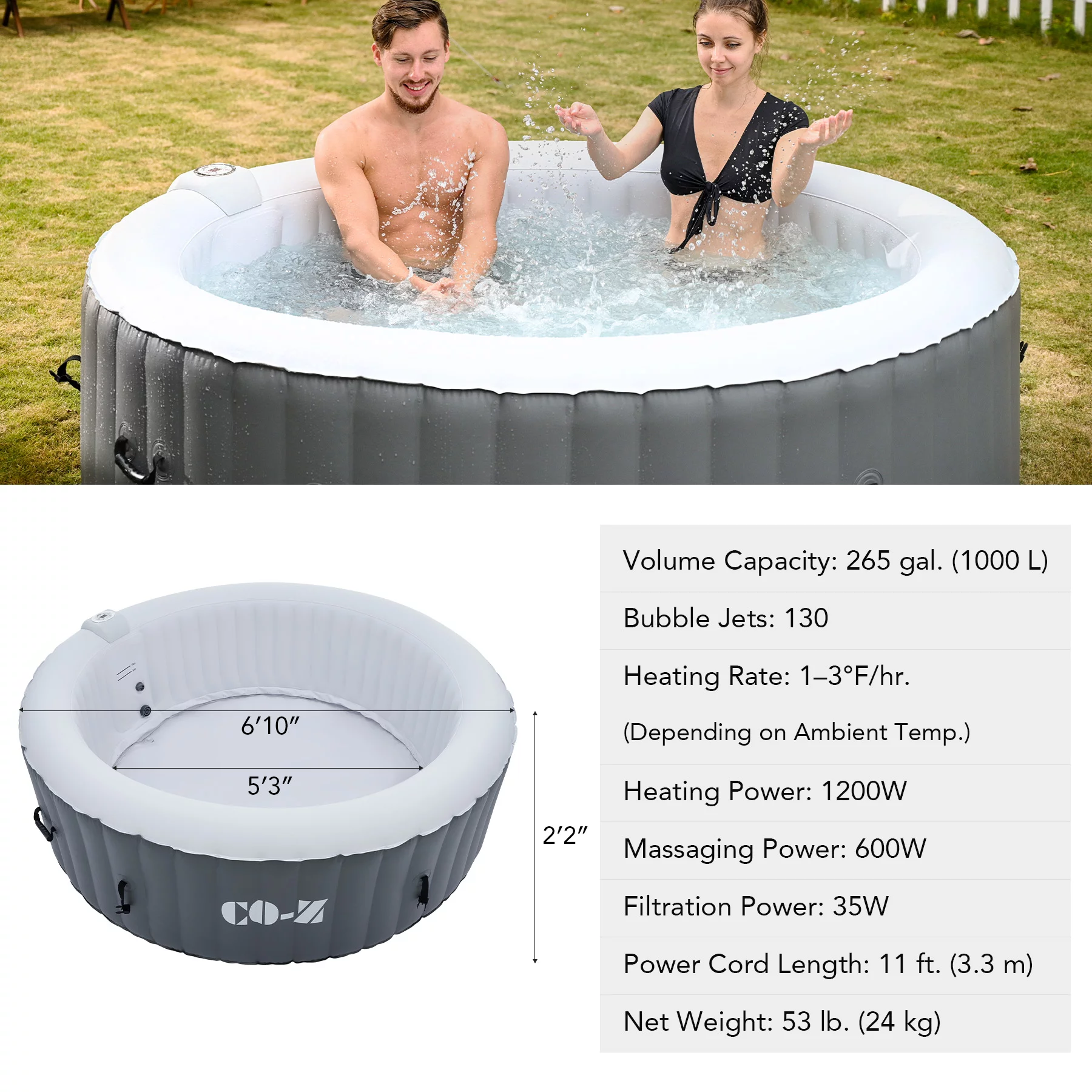 CO-Z 6 Person 7ft Inflatable Hot Tub Pool with Massage Jets and All Accessories Gray - Womvr