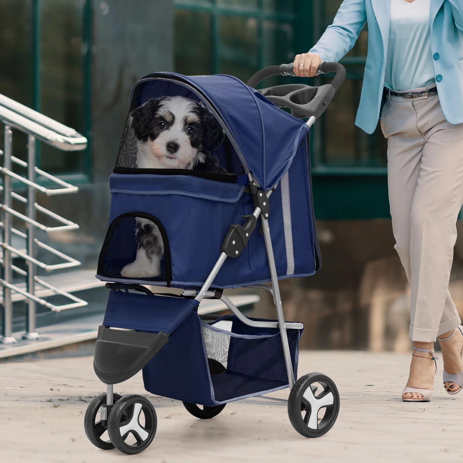 Magshion Foldable Pet Dog Stroller with Wheels, Cat Dog Stroller with Storage Basket and Cup Holder for Small and Medium Cats, Dogs, Puppy, Navy Blue - Womvr