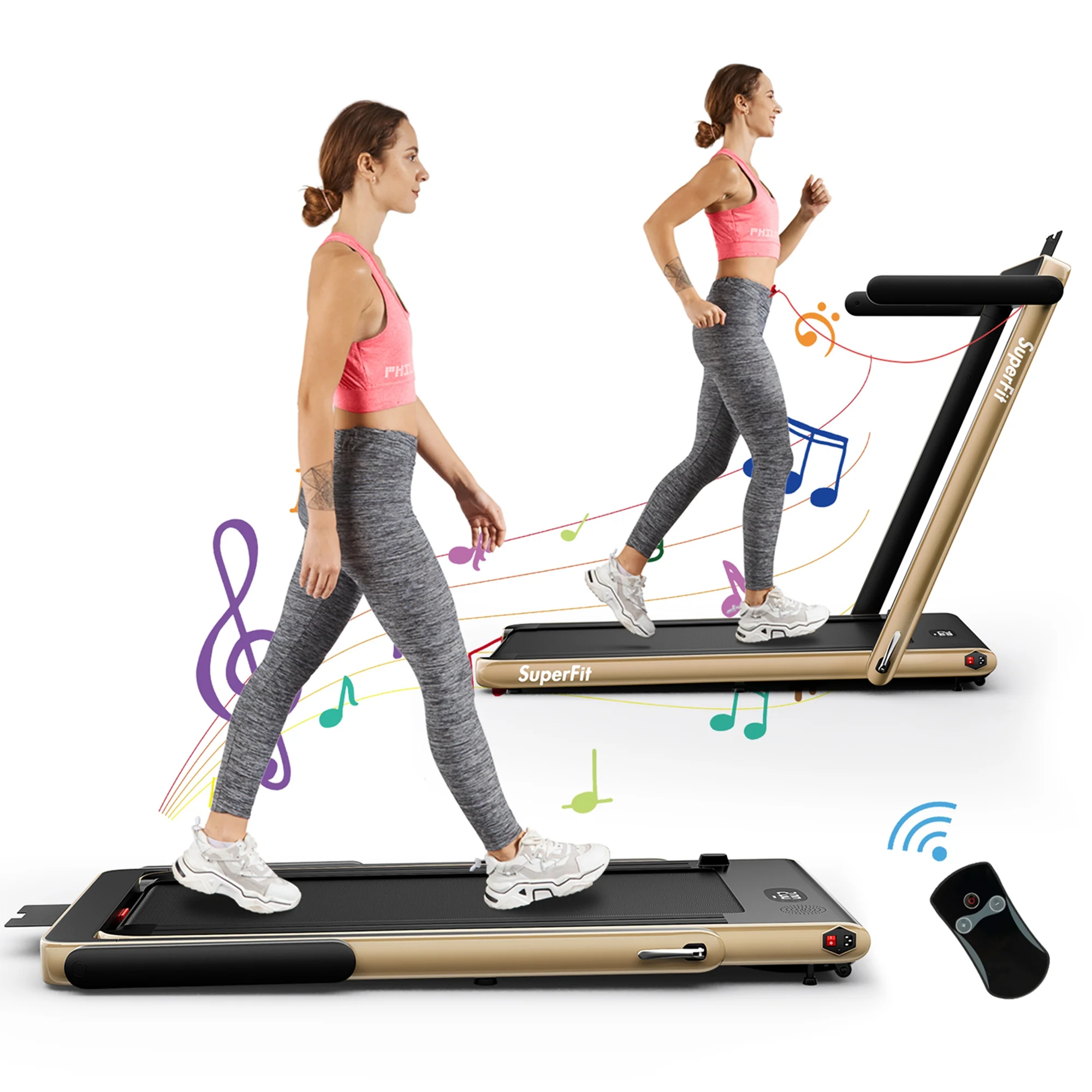 SuperFit Up To 7.5MPH 2.25HP 2 in 1 Single Display Screen Folding Treadmill Remote Control W/ APP Control Speaker Black - Womvr