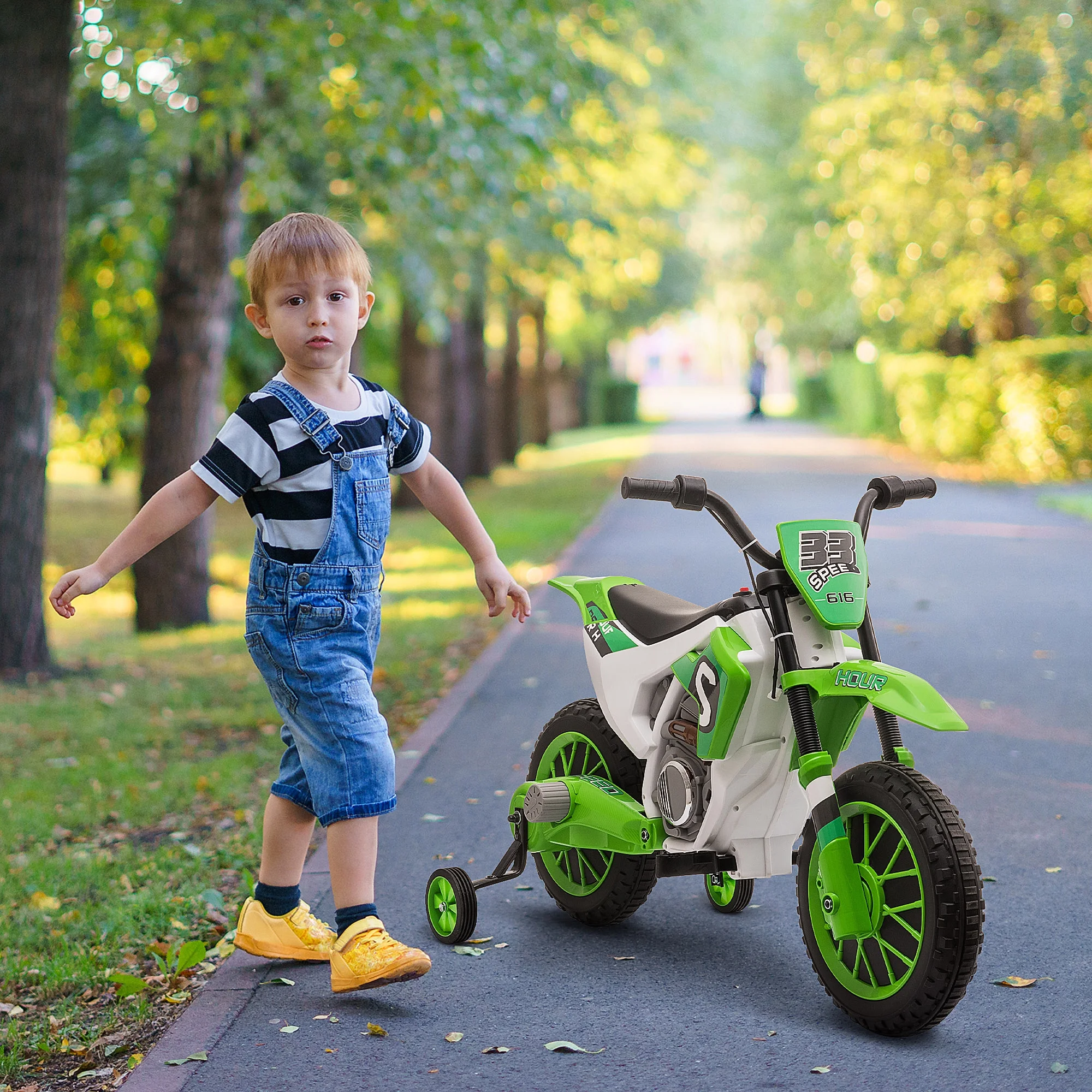 Aosom 12V Kids Motorcycle Dirt Bike Electric Battery-Powered Ride-On Toy Off-road Street Bike with Charging Battery, Training Wheels Green - Womvr