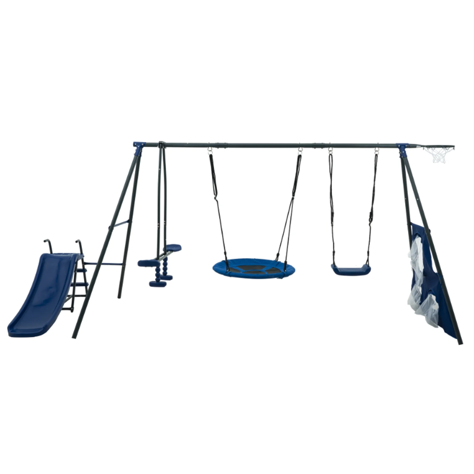 5 in 1 Metal Swing Set for Outside, Kids Backyard Swing Set with Swing Chair, Slide, Glider, Ground Nail, Outdoor Backyard Playground Swing Sets for 3-8 Year, Max Weight 700 lbs - Womvr