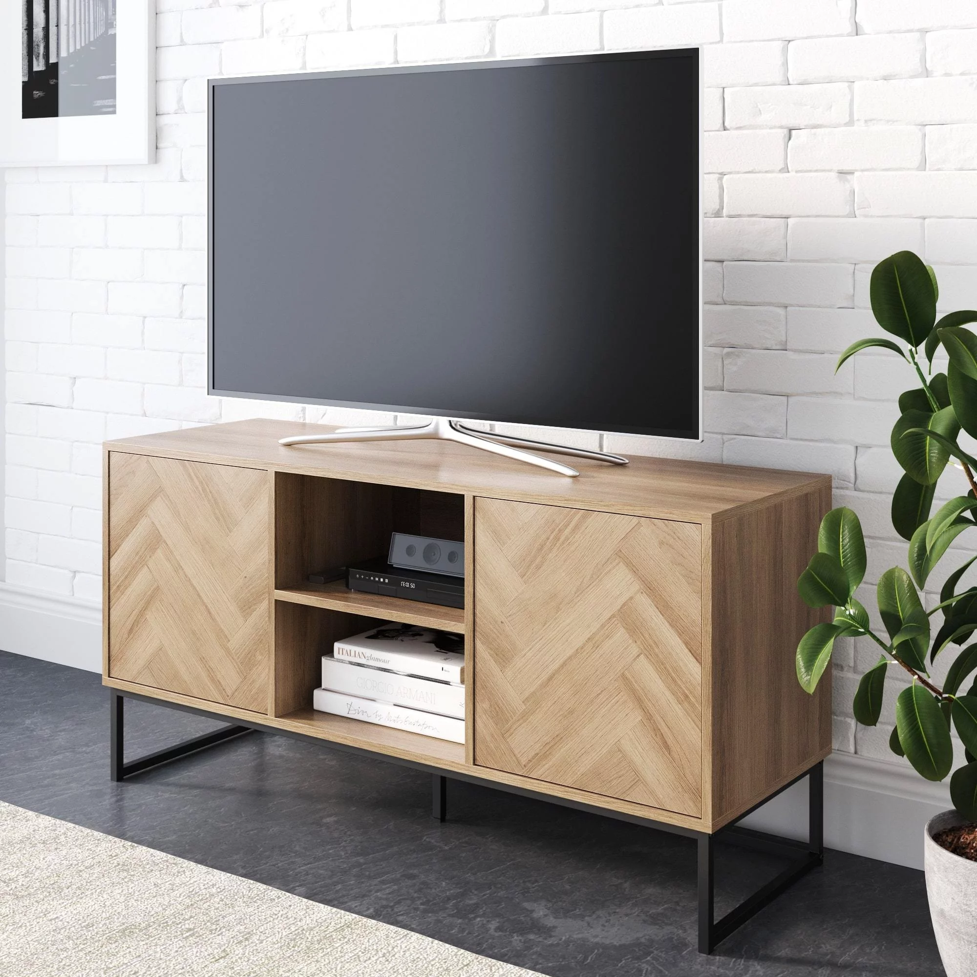 Nathan James Dylan Media Console Cabinet TV Stand with Hidden Storage Herringbone Pattern Wood Metal, Gray/Black - Womvr