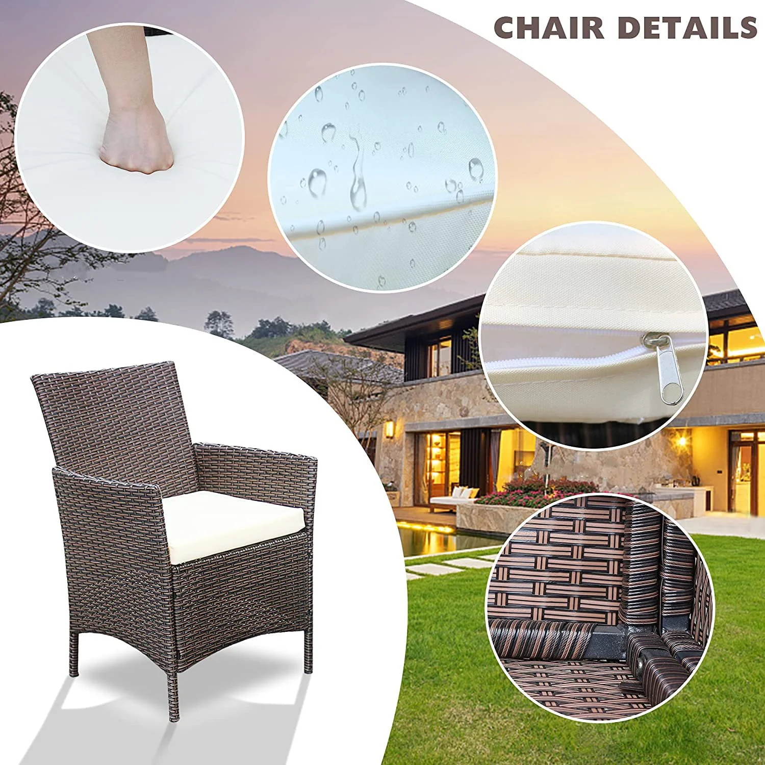 Lacoo 3 Pieces Outdoor Patio Furniture PE Rattan Wicker Table and Chairs Set Bar Set with Cushioned Tempered Glass, Brown/Beige, 2 - Womvr