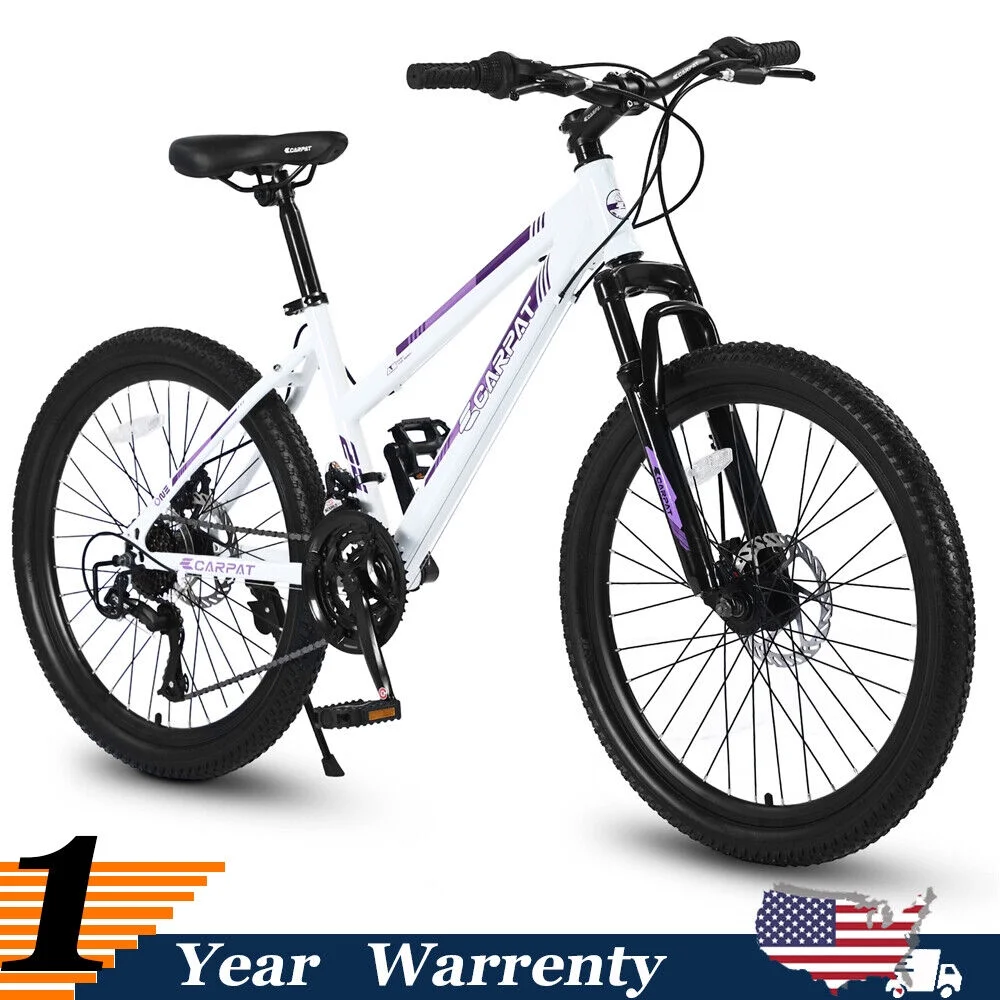 24 inch Mountain Bike for Teenagers Girls Women, Shimano 21 Speeds Gear MTB with Dual Disc Brakes and 100mm Front Suspension, White/Pink - Womvr
