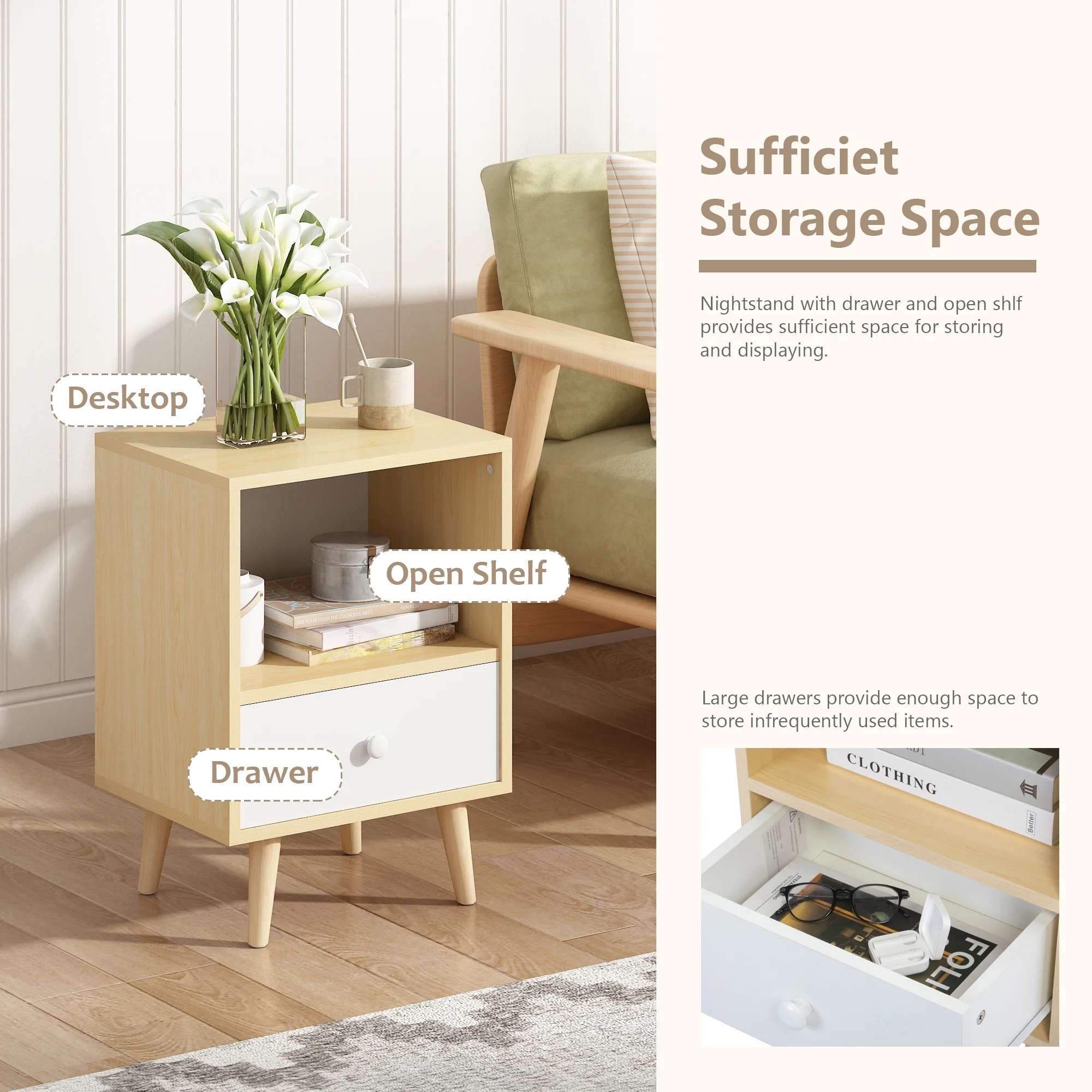JAXPETY Nightstands Set of 2, Night Stand with 1 Drawer and Open Shelf Storage, End Table, Side Table, for Bedroom, Living Room, Natural Wood & White - Womvr