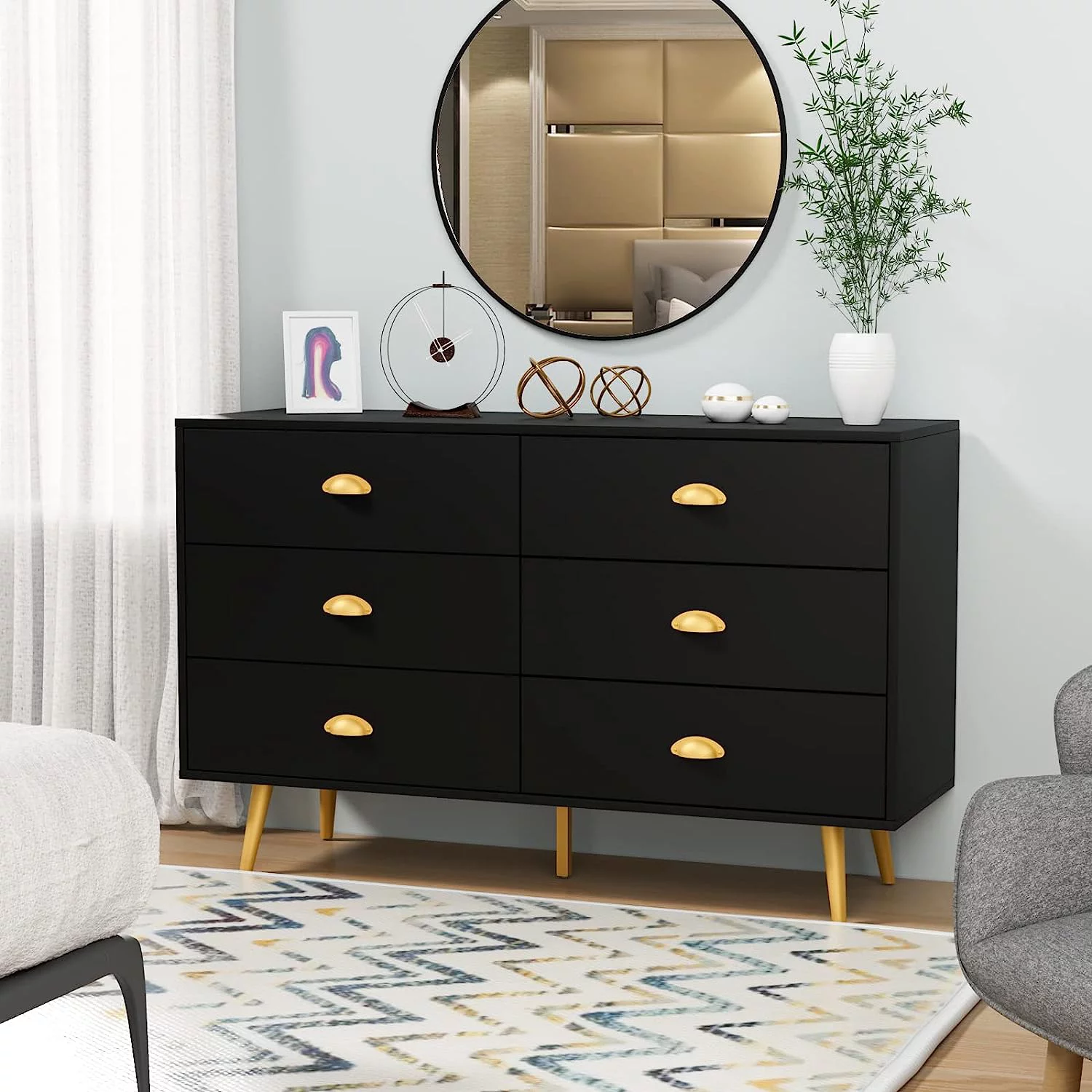 Popular Mid-Century Dresser  6 Drawer Dresser for Bedroom  Modern Walnut Dresser with Metal Handle  Wood Dresser Chest of Drawers for Living Room  Hallway - Womvr
