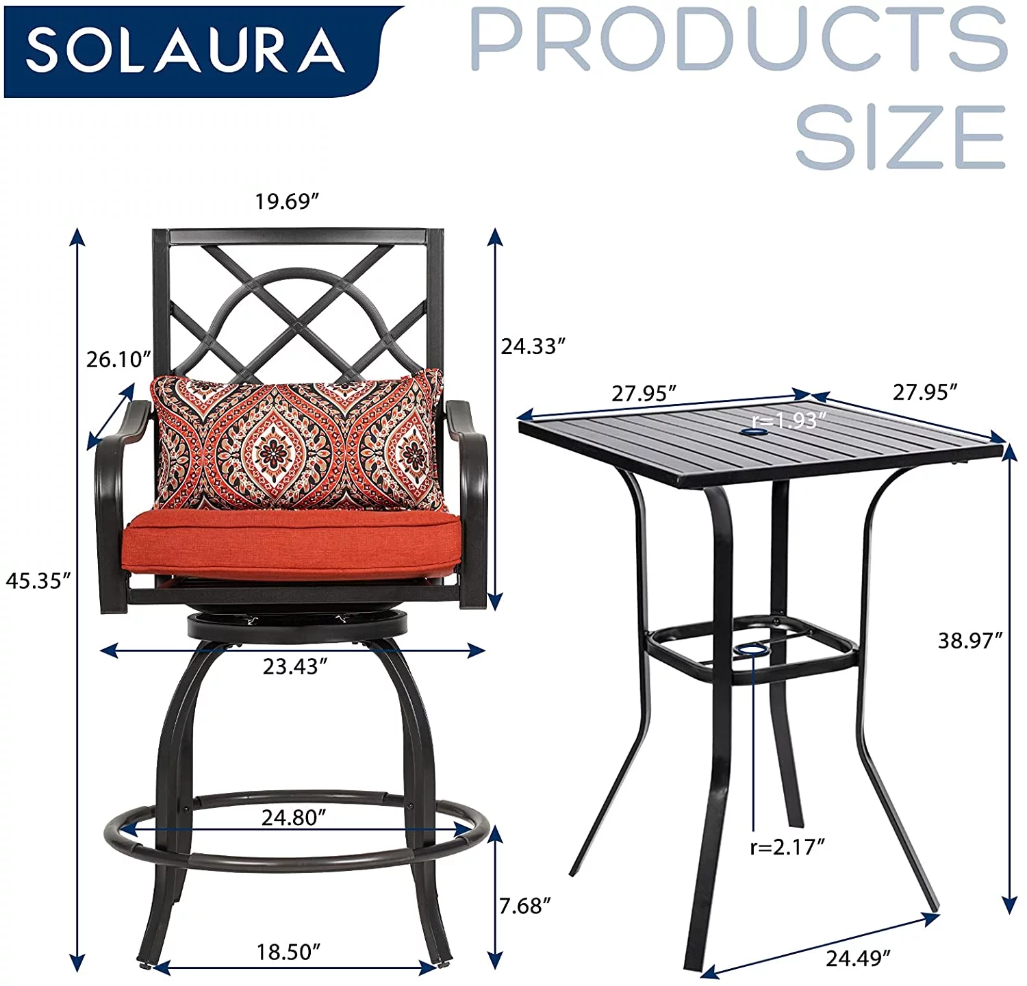 SOLAURA 3 Pieces Outdoor Patio Bar Height Bistro Set with Metal Swivel Bar Stools and Height Table, Black - Womvr
