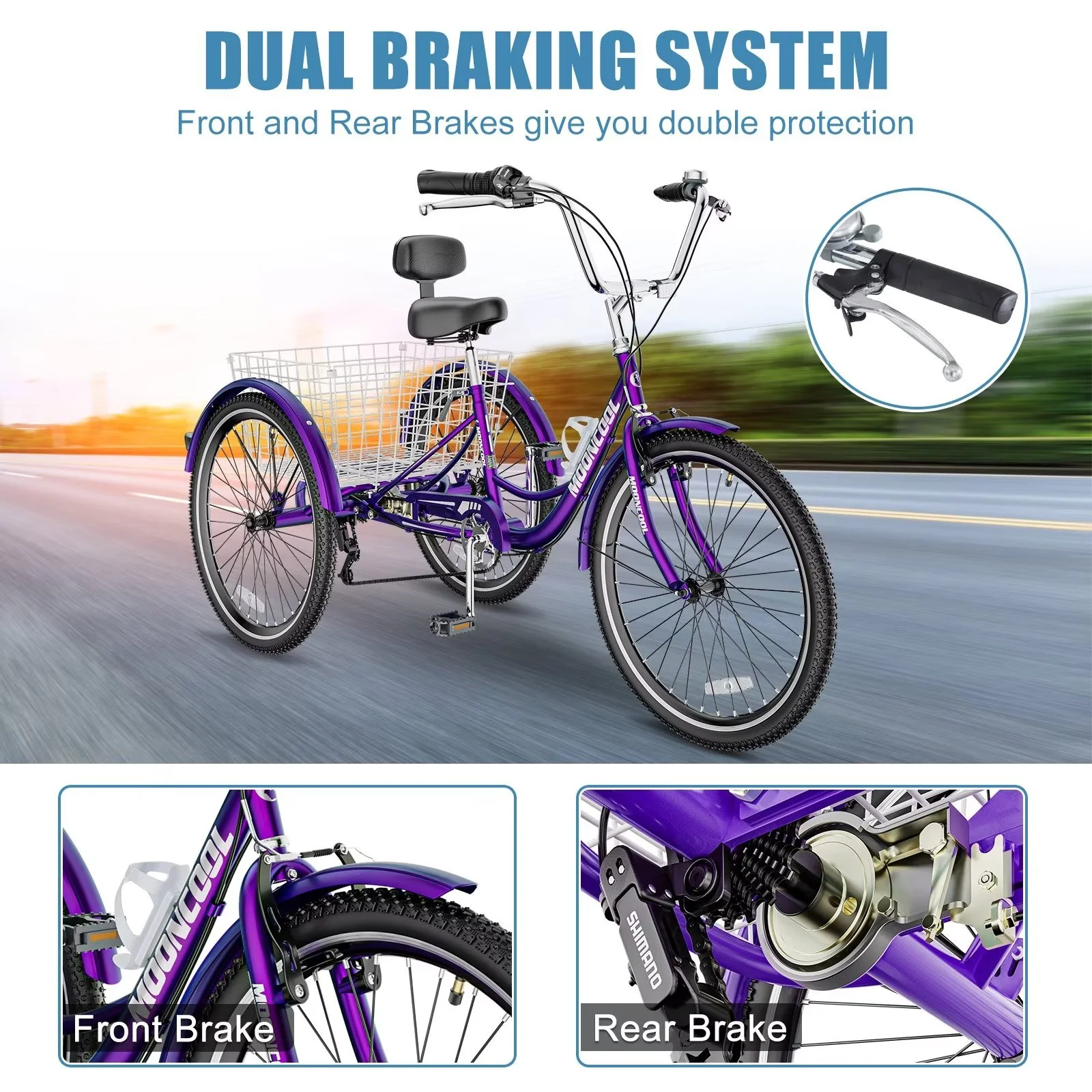 MOPHOTO Adult Tricycle 20/24/26 inch 3 Wheel Bicycle,3 Wheel Bikes for Adults,7 Speed Low Stepover Frame Tricycle with Basket/Bell,3 Wheel Bicycle for Seniors,Women,Men - Womvr