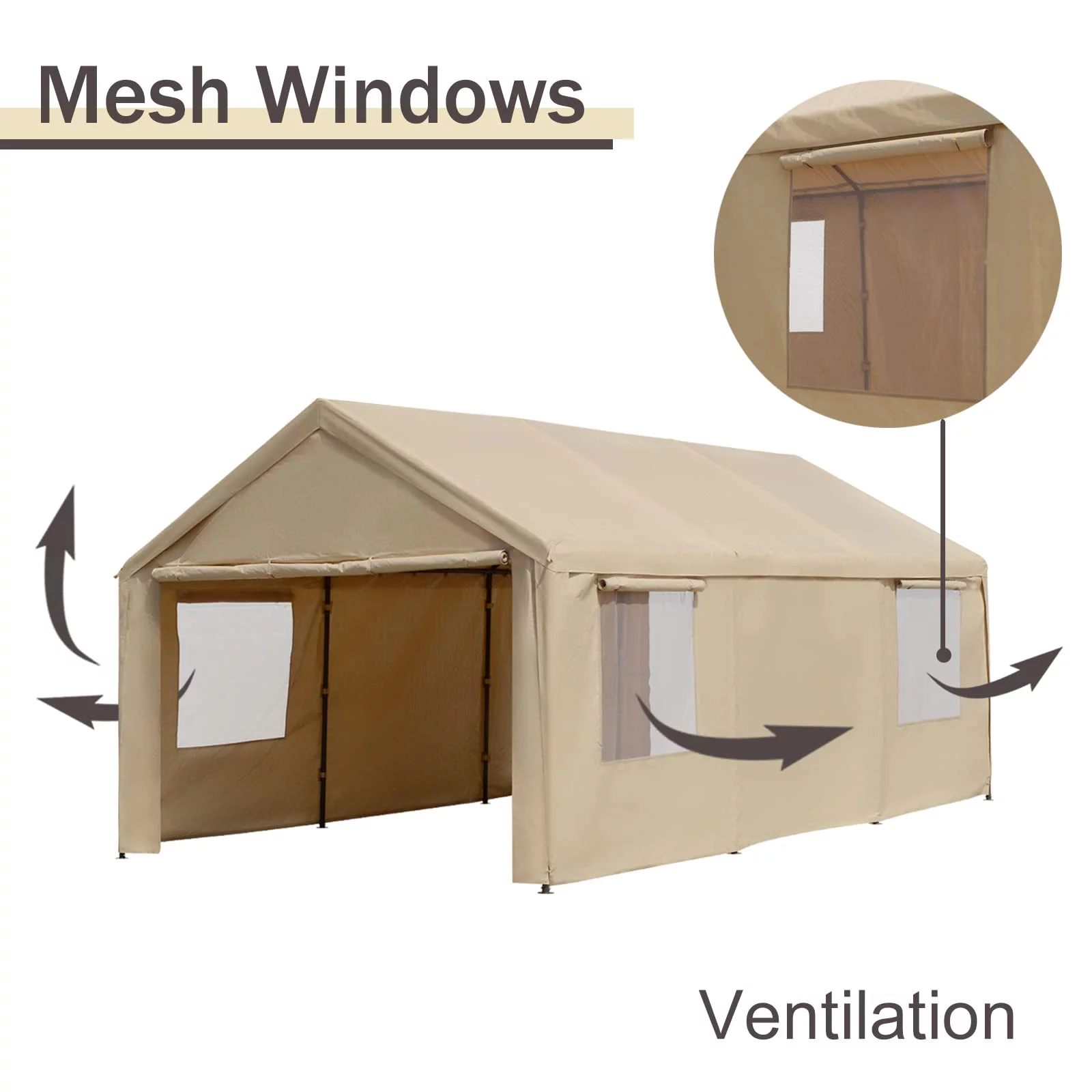 Gardesol Carport, 12'x20' Extra Large Heavy Duty Carport with Removable Sidewalls & Doors, Portable Garage Car Canopy for Car, Truck, SUV, Beige - Womvr