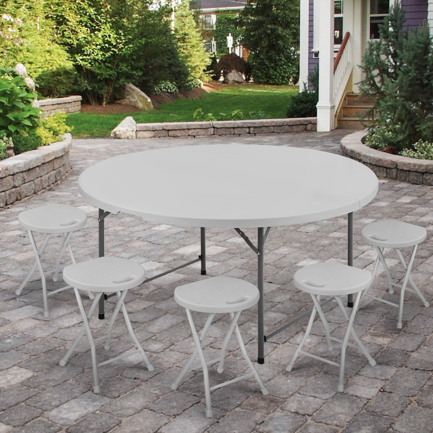 MoNiBloom 5 foot Round Bi-Fold Plastic Table, Metal Frame Indoor Outdoor 60 Inch Foldable Desk for Kitchen Party Wedding, Grey - Womvr