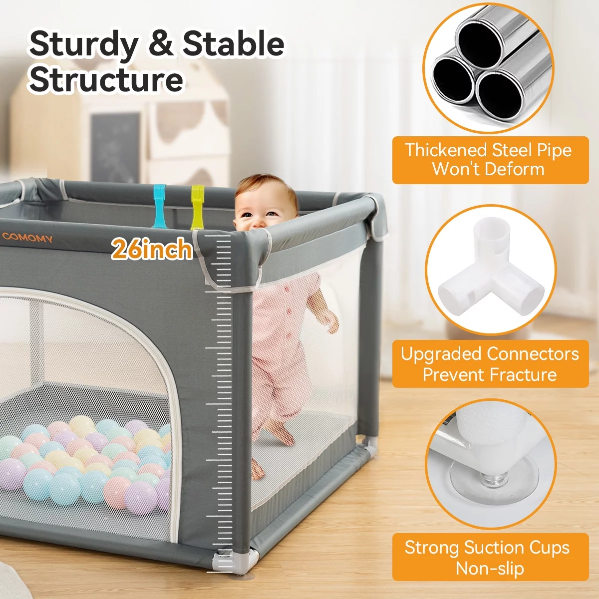 Baby Playpen, 36x36x27inch Portable Soft Mesh Sturdy Pipe Ample Space for Toddler, Gray - Womvr