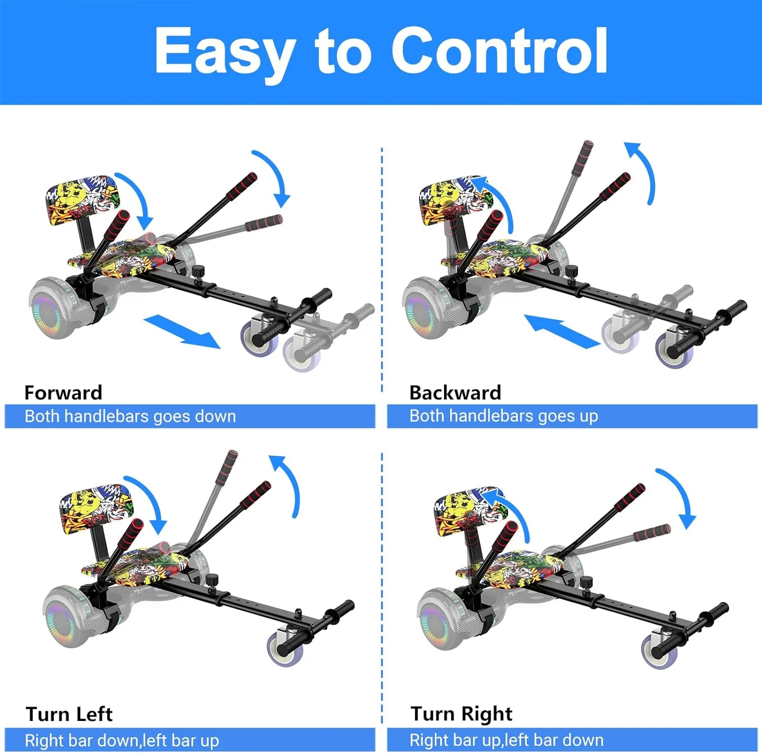 SISIGAD Hoverboard with Seat, 6.5 inch Hoverboard Go Kart Combo with Bluetooth Speaker & LED Lights for Kids Adults - Womvr