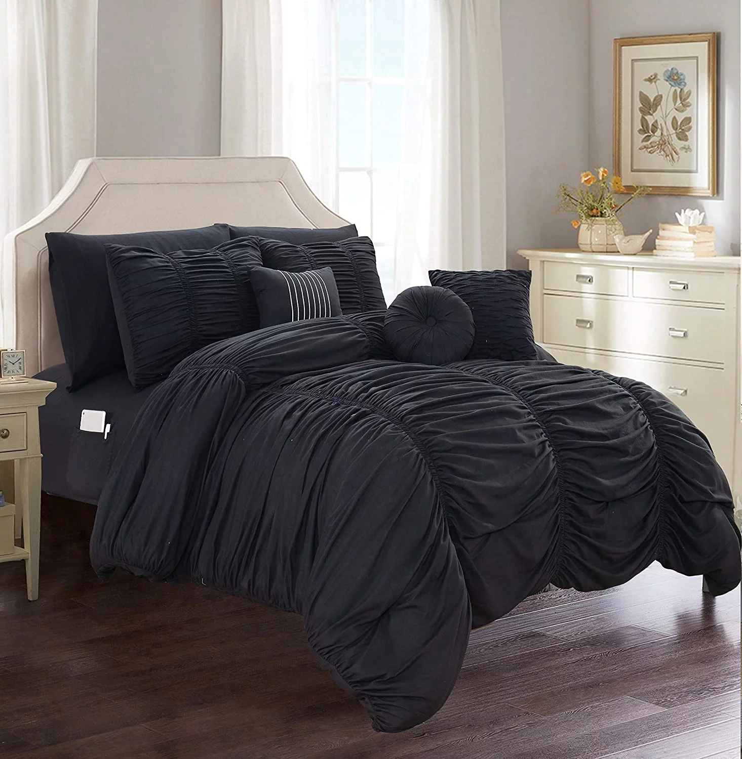 10-PIECE Bed-in-a-Bag Pleated Comforter Set; Ruched Ruffle Comforter Set Includes Bed Sheet Set with Double Sided Storage Pockets; King/Cal King; Black - Womvr