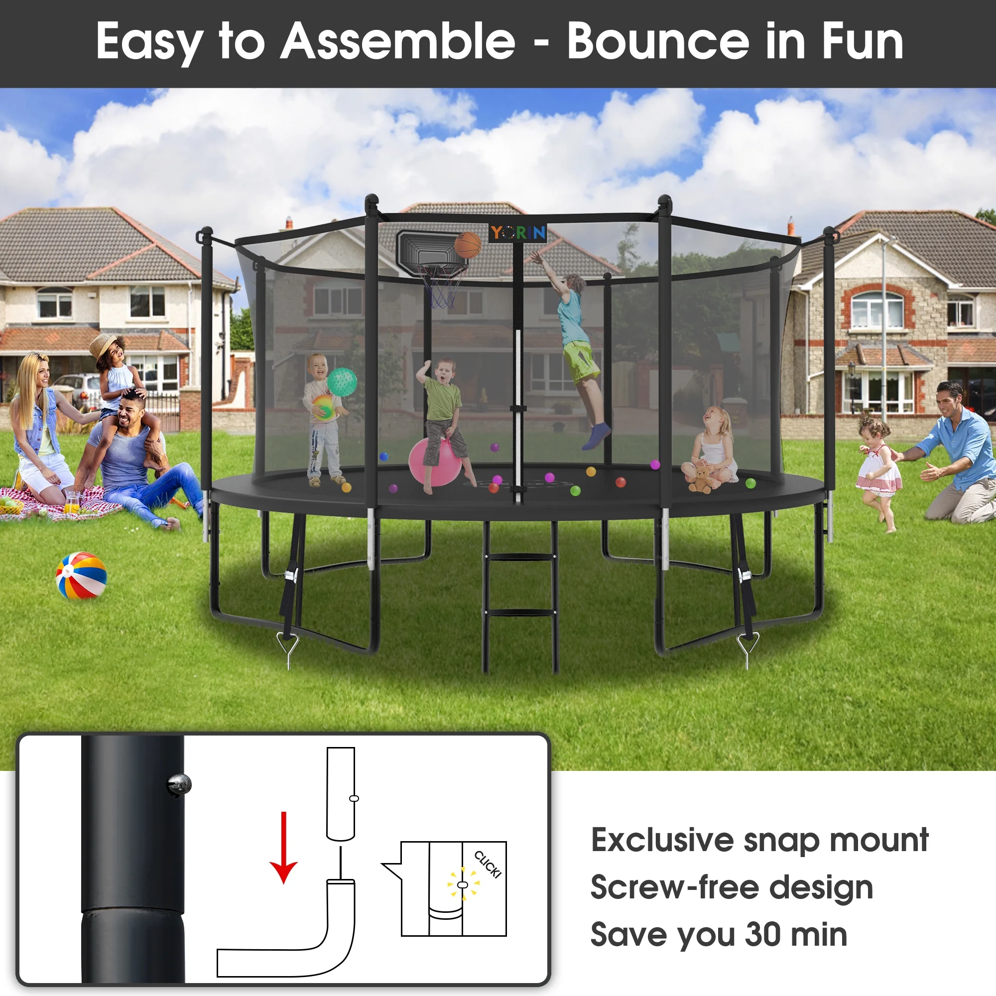 YORIN Trampoline 12FT for Kids Adults with Enclosure Net, 1200LBS Round Outdoor Trampoline with Basketball Hoop, Ladder, Galvanized Anti-Rust Coating Backyard Recreational Trampoline - Womvr