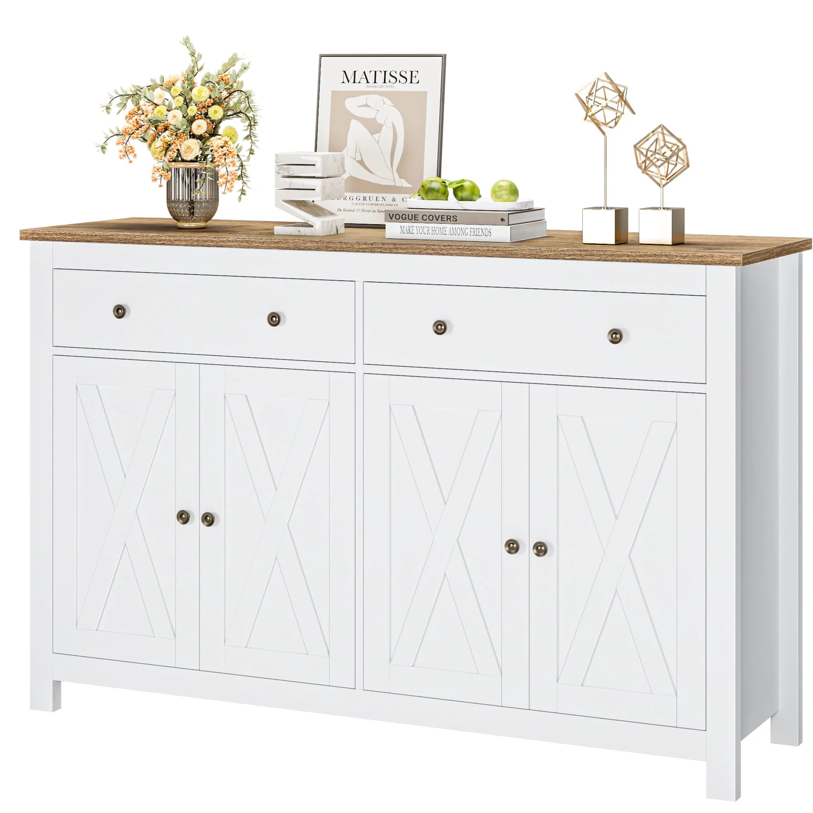 Homfa 4-Doors 2-Drawers Farmhouse Storage Cabinet, Wood Sideboard with Adjustable Shelves for Kitchen Dining Room, White - Womvr