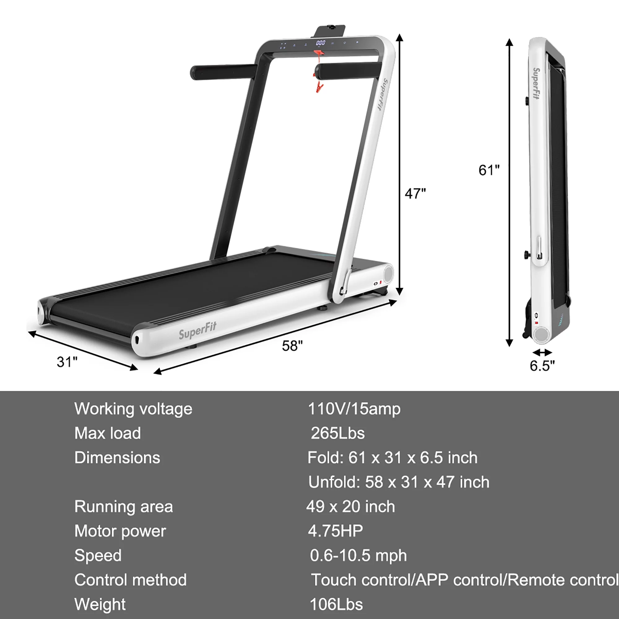 SuperFit 4.75HP 2 In 1 Folding Treadmill W/Remote APP Control White - Womvr