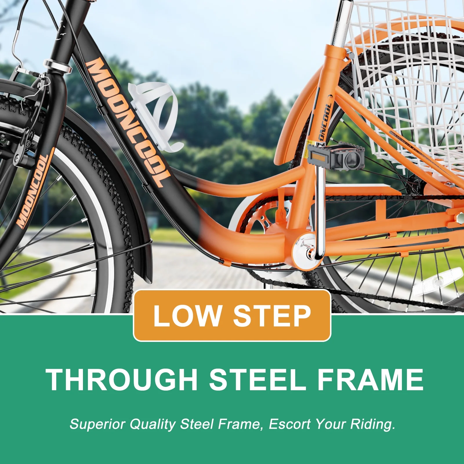 MOPHOTO Adult Tricycle for Seniors (Cyan, 26inch /7-Speed), Low Frame Three Wheel Bikes with Large Basket & Bell, 3 Wheel Cargo Bicycle, Safe and Durable Trike - Womvr