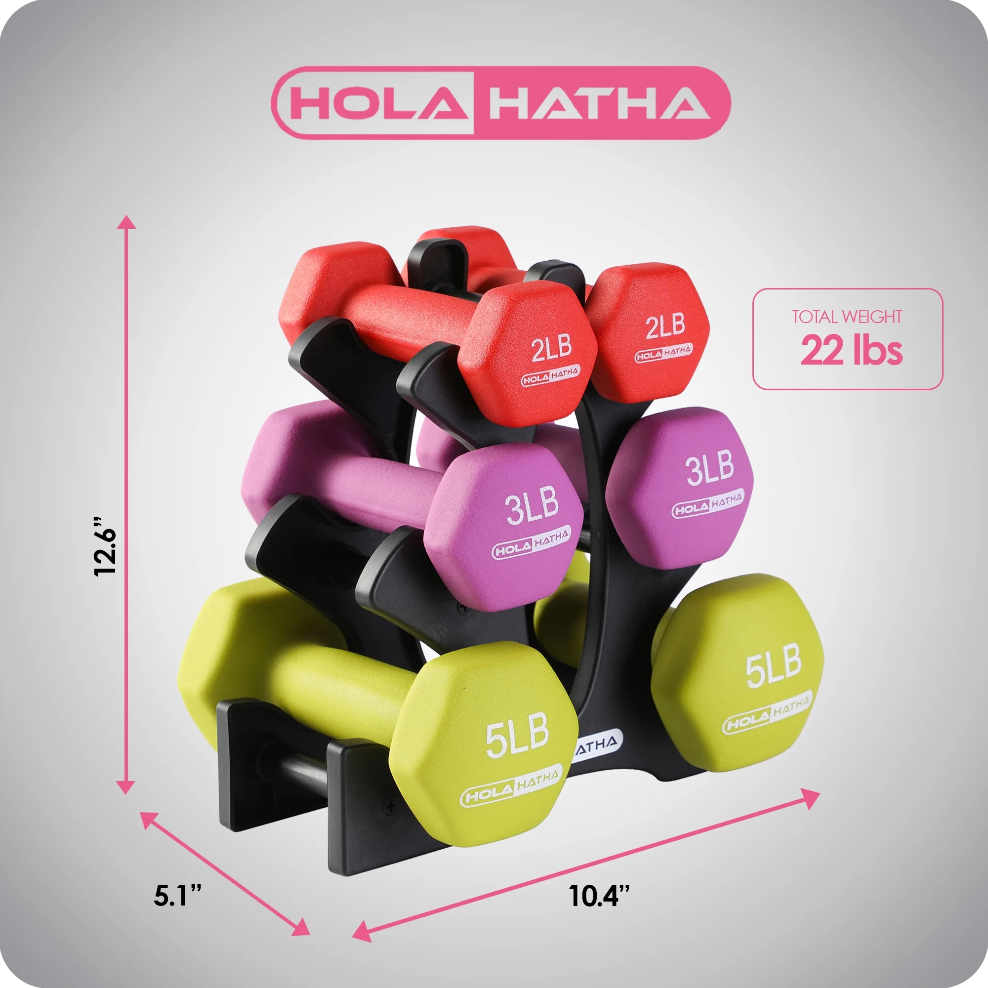 HolaHatha 2, 3, and 5 Pound Neoprene Dumbbell Free Weight Set with Rack - Womvr