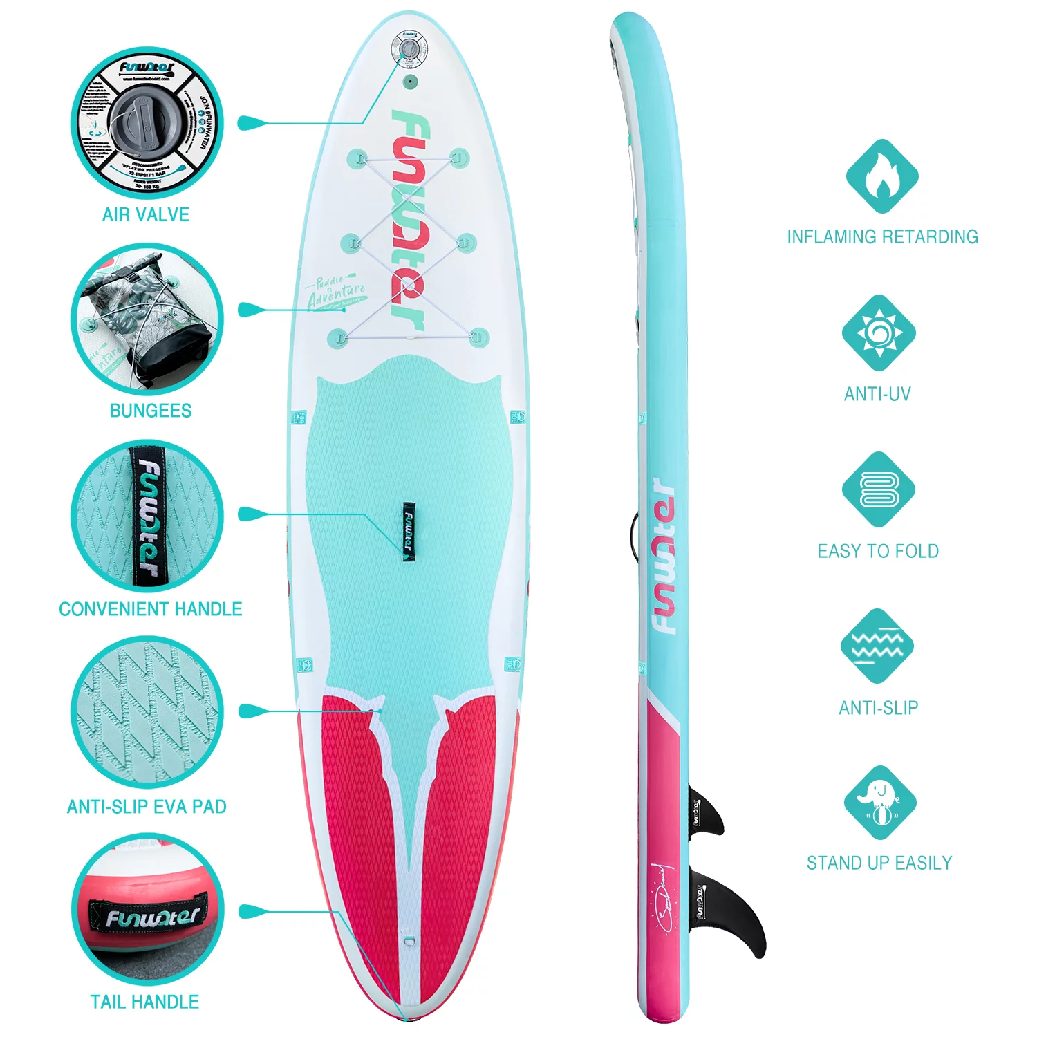 FUNWATER Inflatable Stand Up Paddle Board, SUP Light Blue pink Board 11'x33''x6'' (LxWxH), Premium Free Backpack and Paddle Fin Accessories - Womvr