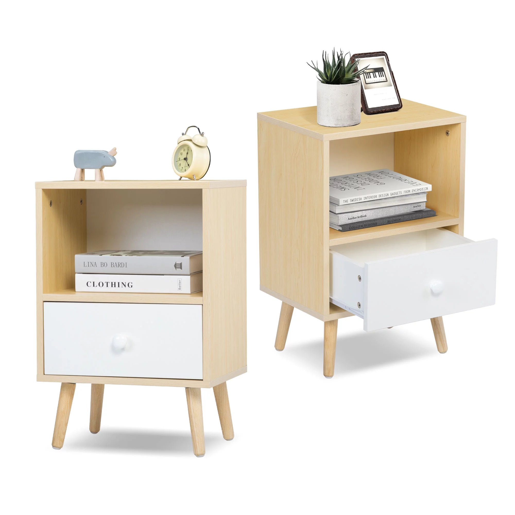 JAXPETY Nightstands Set of 2, Night Stand with 1 Drawer and Open Shelf Storage, End Table, Side Table, for Bedroom, Living Room, Natural Wood & White - Womvr