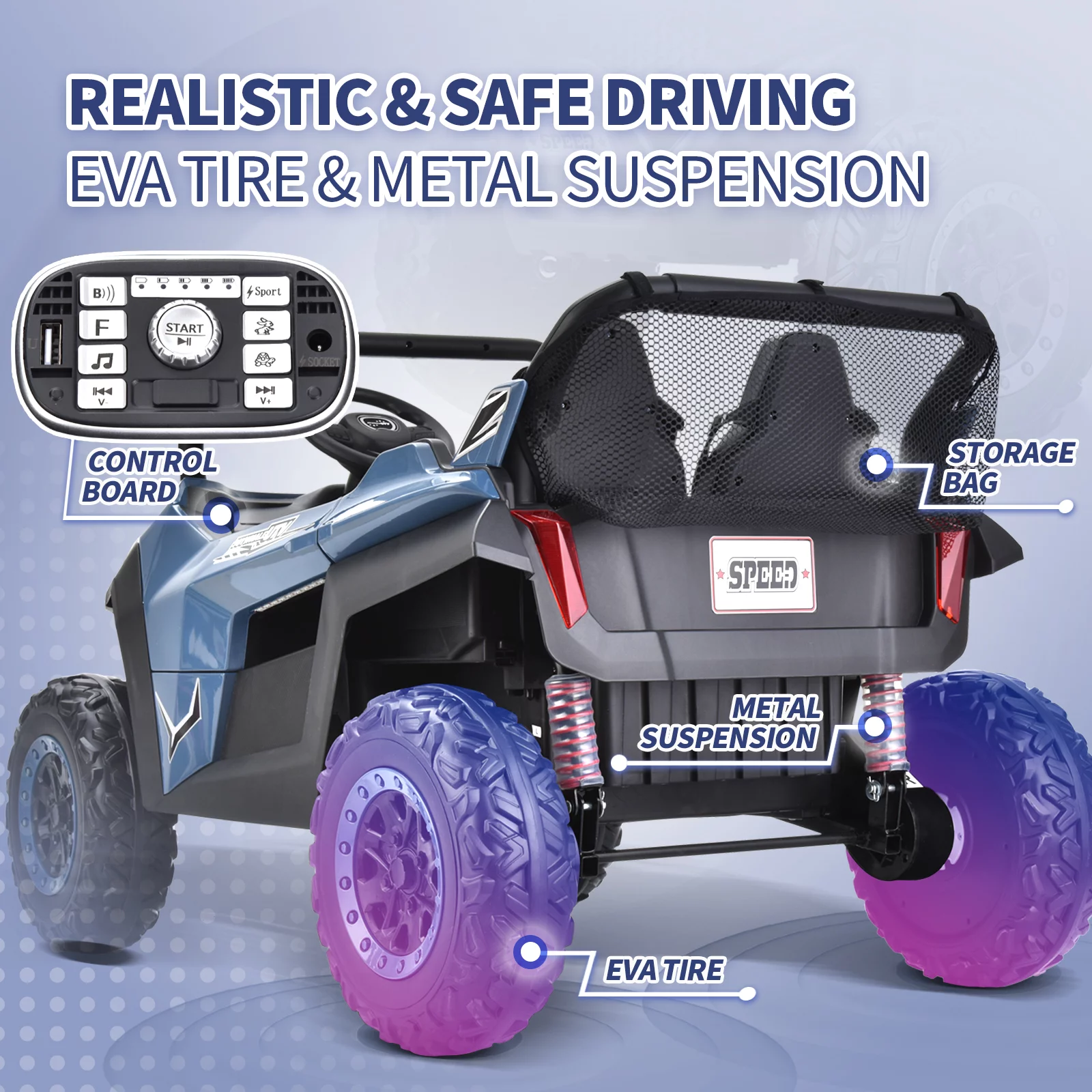 Joywhale 24V 2 Seater Kids Ride on UTV Car Powerful Electric Vehicle, with Big Battery, 4x75W Strong Motor, Remote Control, Suspension, Deep Sea Blue - Womvr