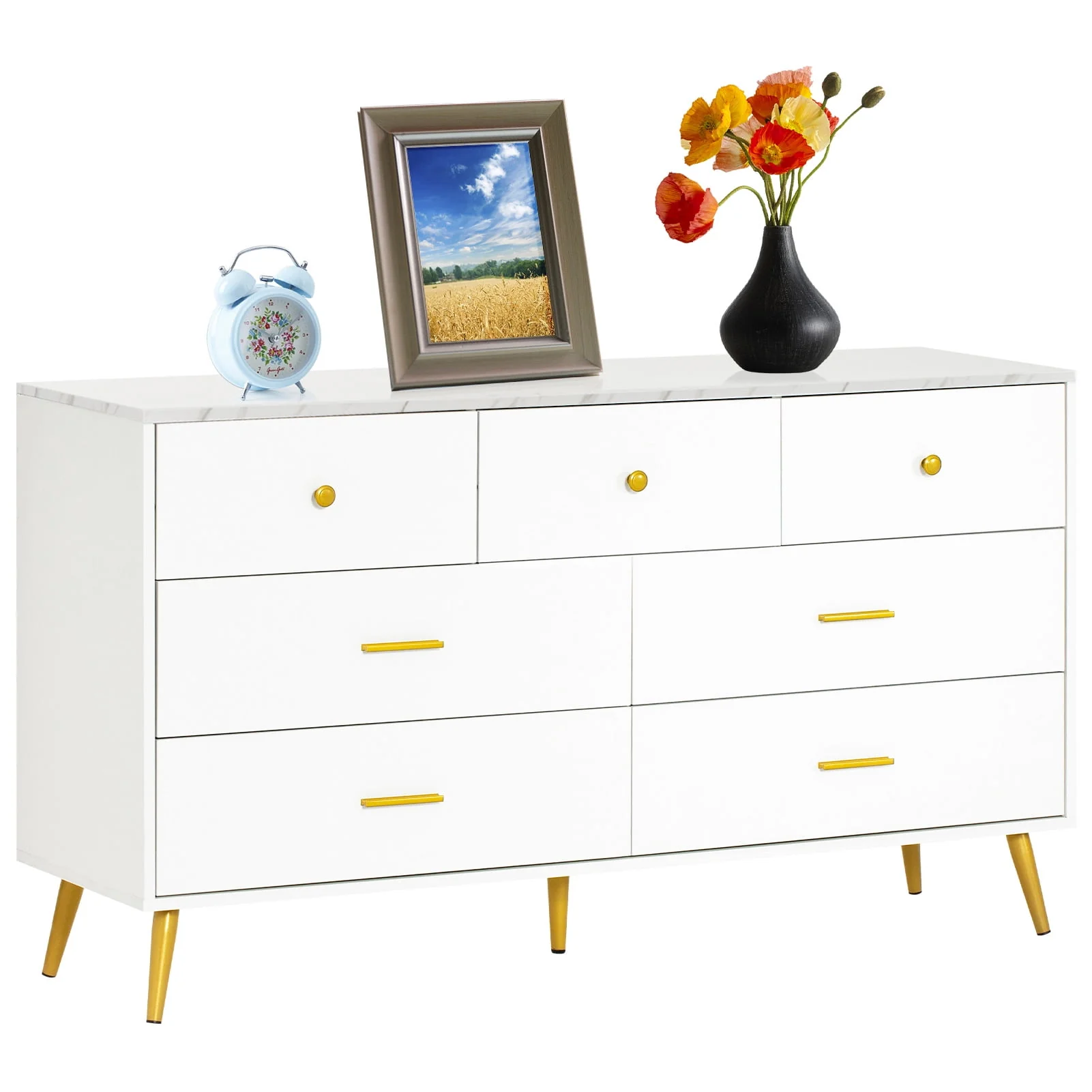 6 Drawer Dresser, Mid-Century Modern Chest Of Drawers, Double Dresser Storage Cabinet For Bedroom Living Room Hallway(White-6 Drawers) - Womvr