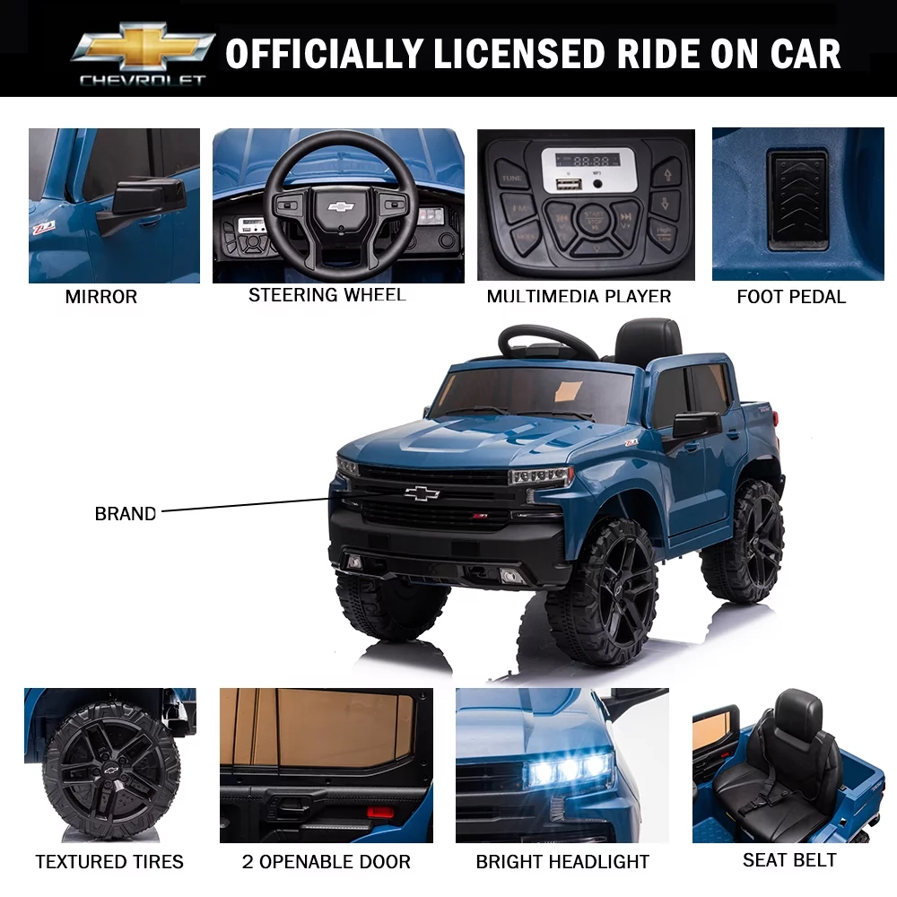 Chevrolet Silverado 12V Powered Ride on Cars for Kids, Remote Control, LED Light, MP3 Player, Electric Ride on Toys Truck for Boys Girls Gifts, White - Womvr