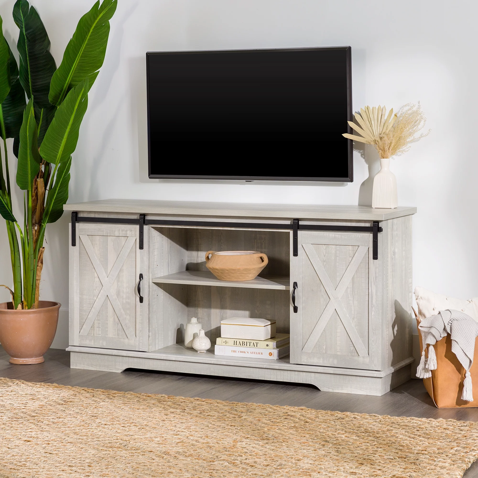 Woven Paths Farmhouse Sliding Barn Door TV Stand for TVs up to 65