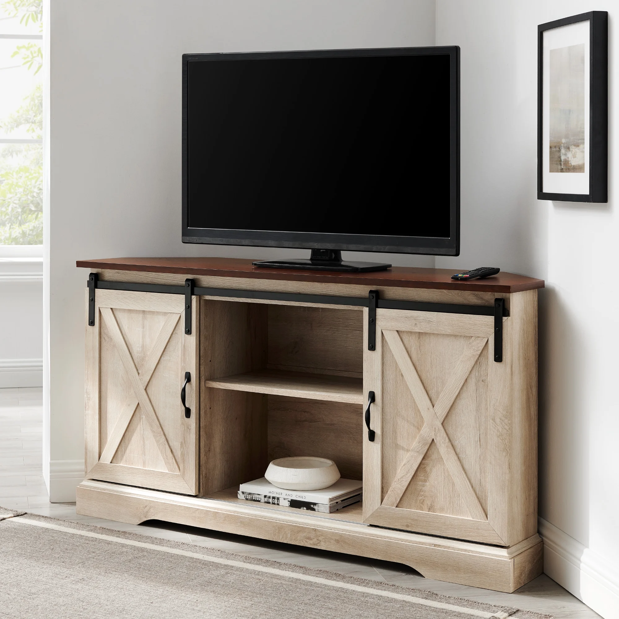 Walker Edison Modern Farmhouse Sliding Door Corner TV Stand, White Oak - Womvr